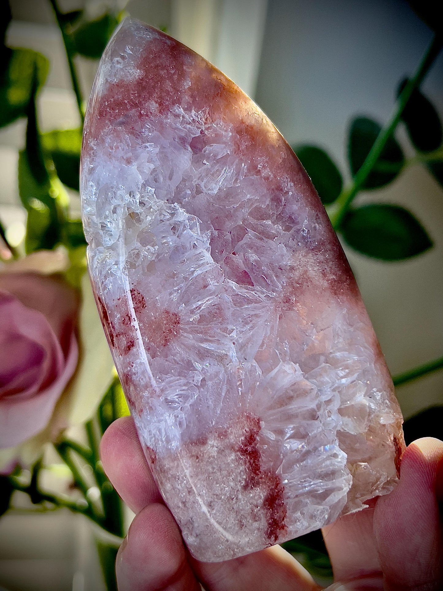 High grade, pink amethyst flame with a red tone and quartz druzy