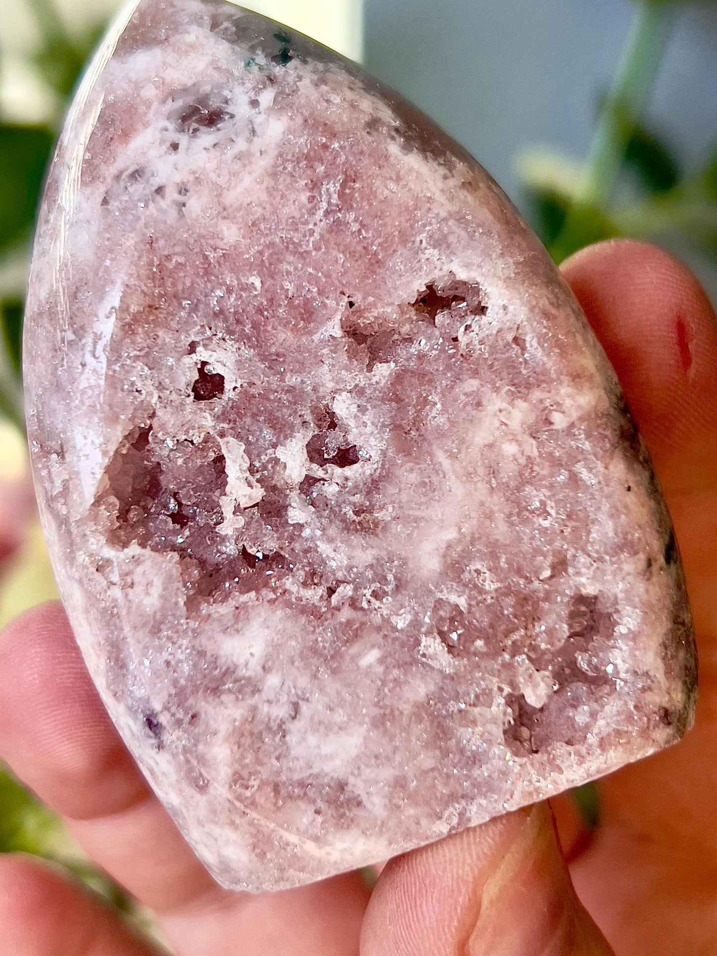 High grade, pink amethyst flame with green jasper