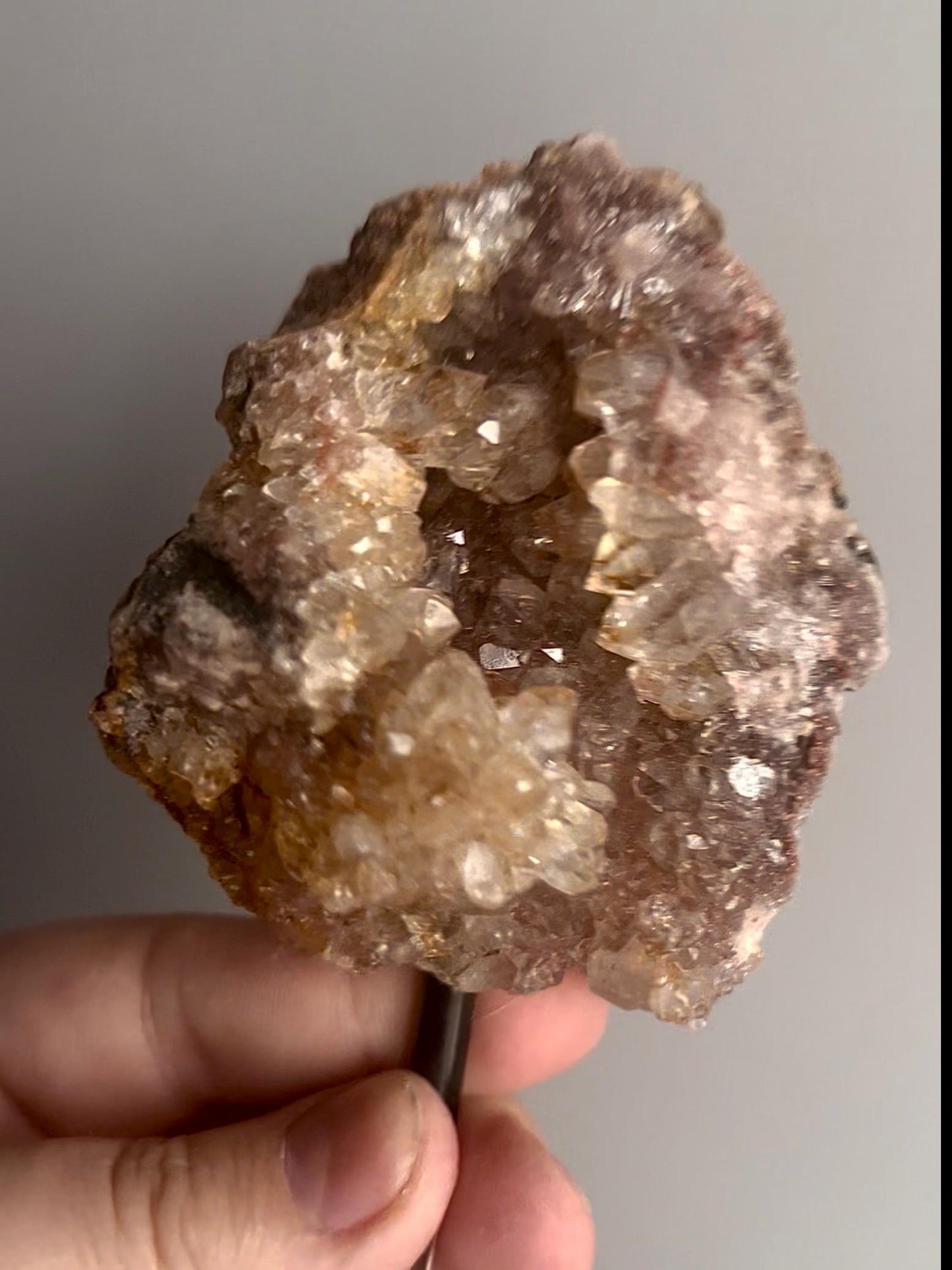 High grade, pink amethyst geode on stand quartz teeth