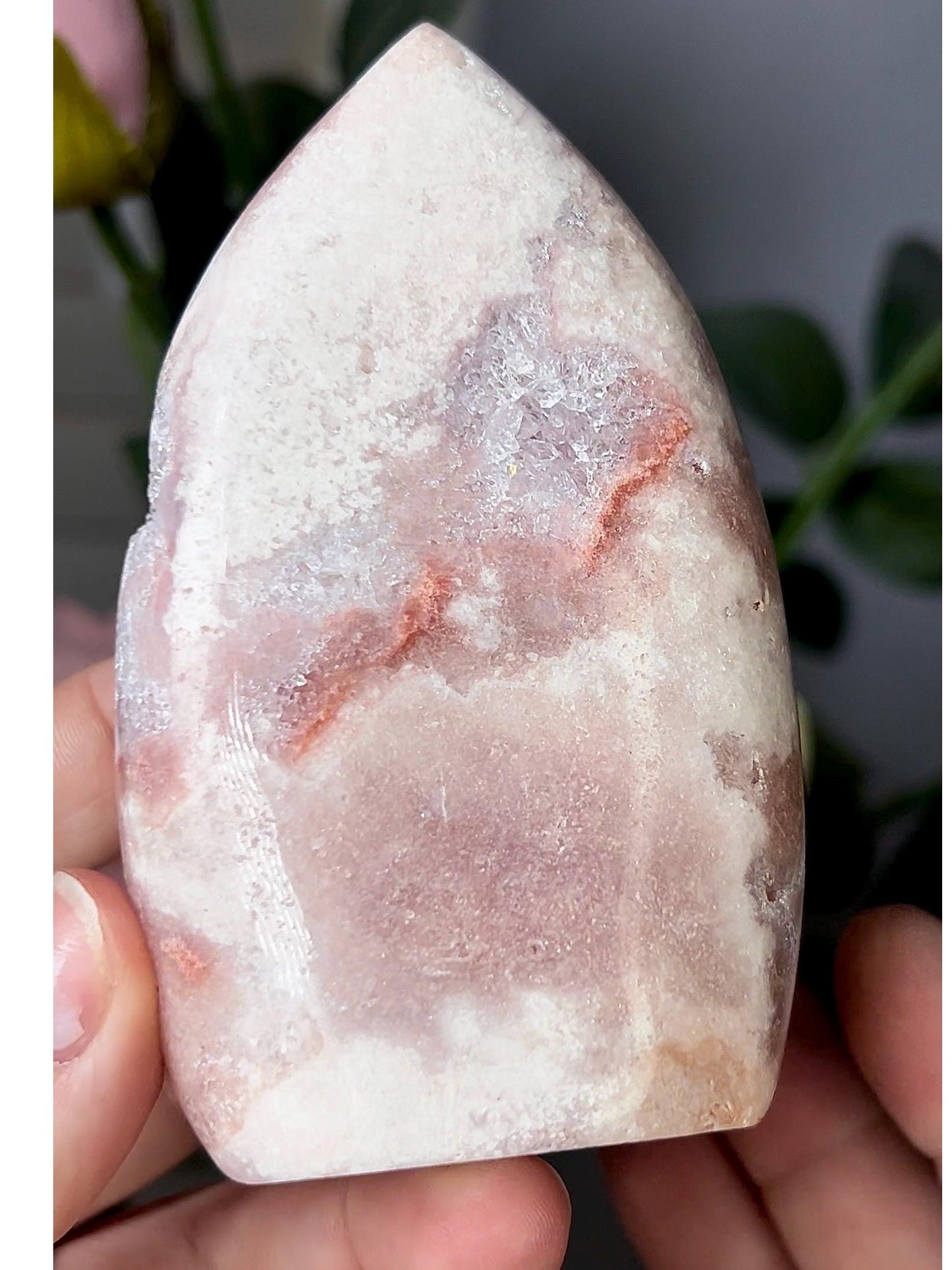 High grade, pink amethyst flame with rainbow quartz