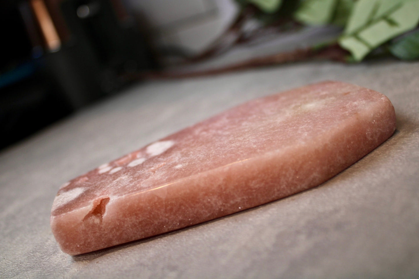 Freestanding, peach toned, high quality, pink amethyst, coffin carving 295g 12.5cm(H) 8cm(W)