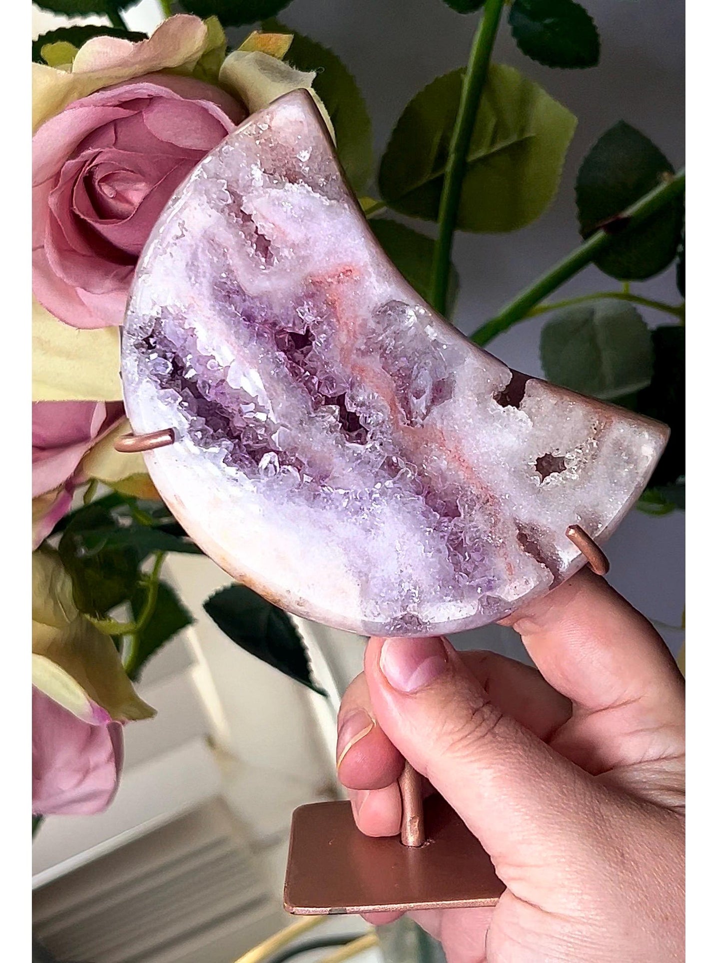 High grade, pink amethyst moon with purple quartz druze, rutile, sugar druzy formations and some red hematite lines 405g