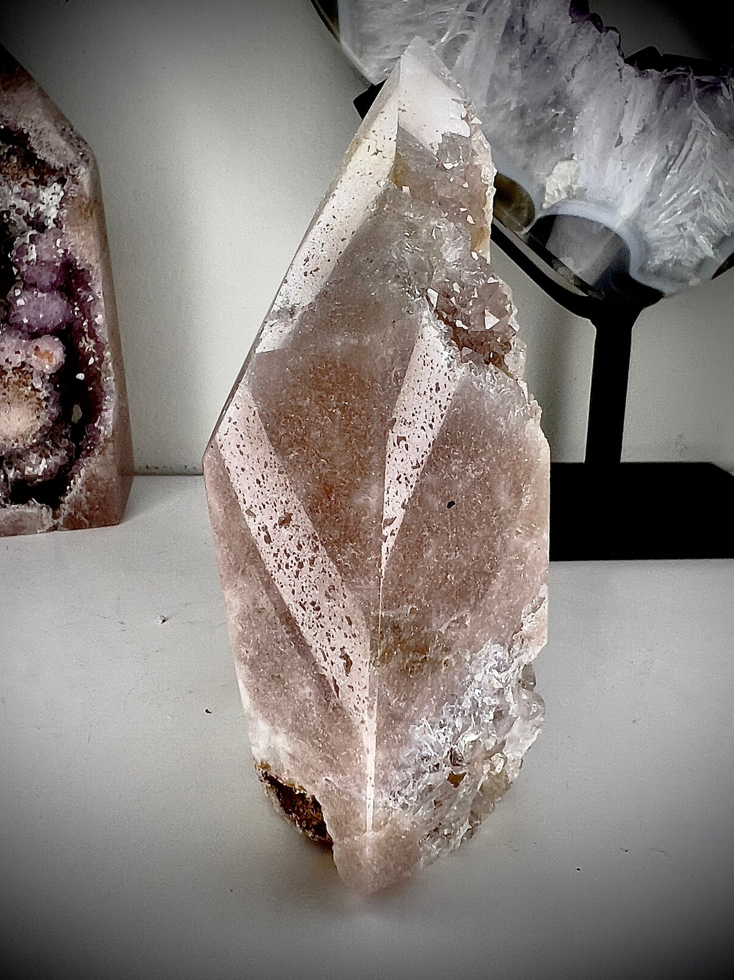 Pink amethyst point/tower from Brazil with lots of druzy quartz 505g 11cm (h) 9.5 (w)