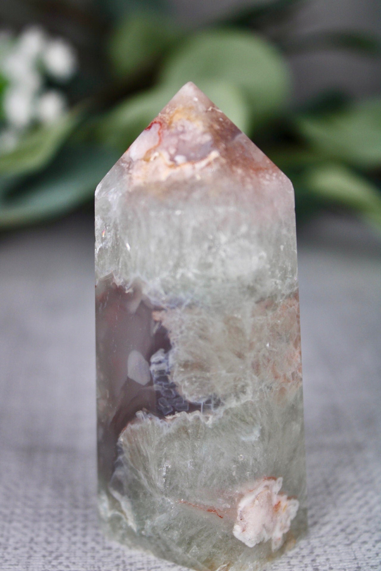 Chlorite flower agate, 6 sided, polished tower 145g 8cm