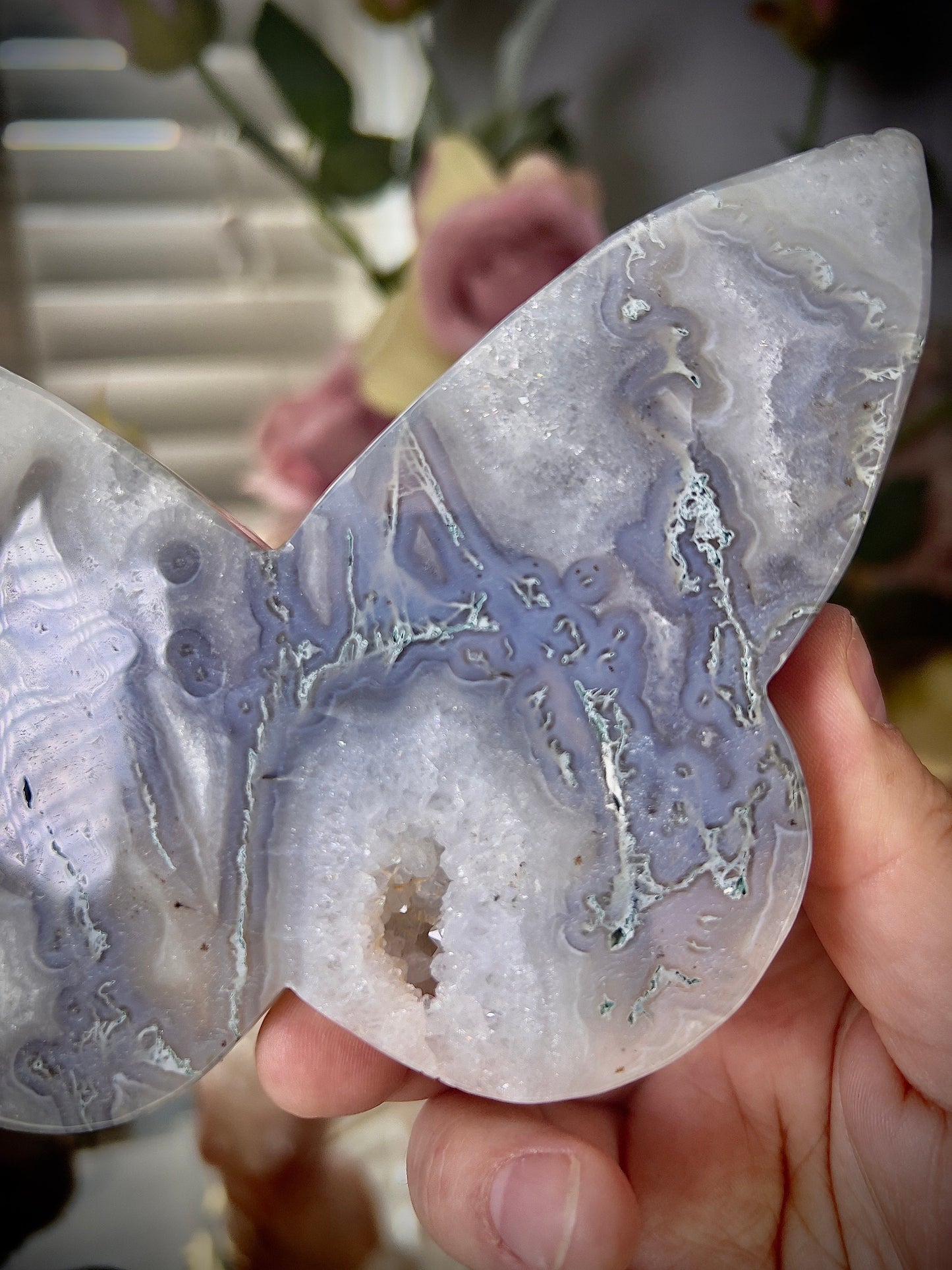 High grade, blue moss agate & quartz, butterfly with, gold pedestal stand