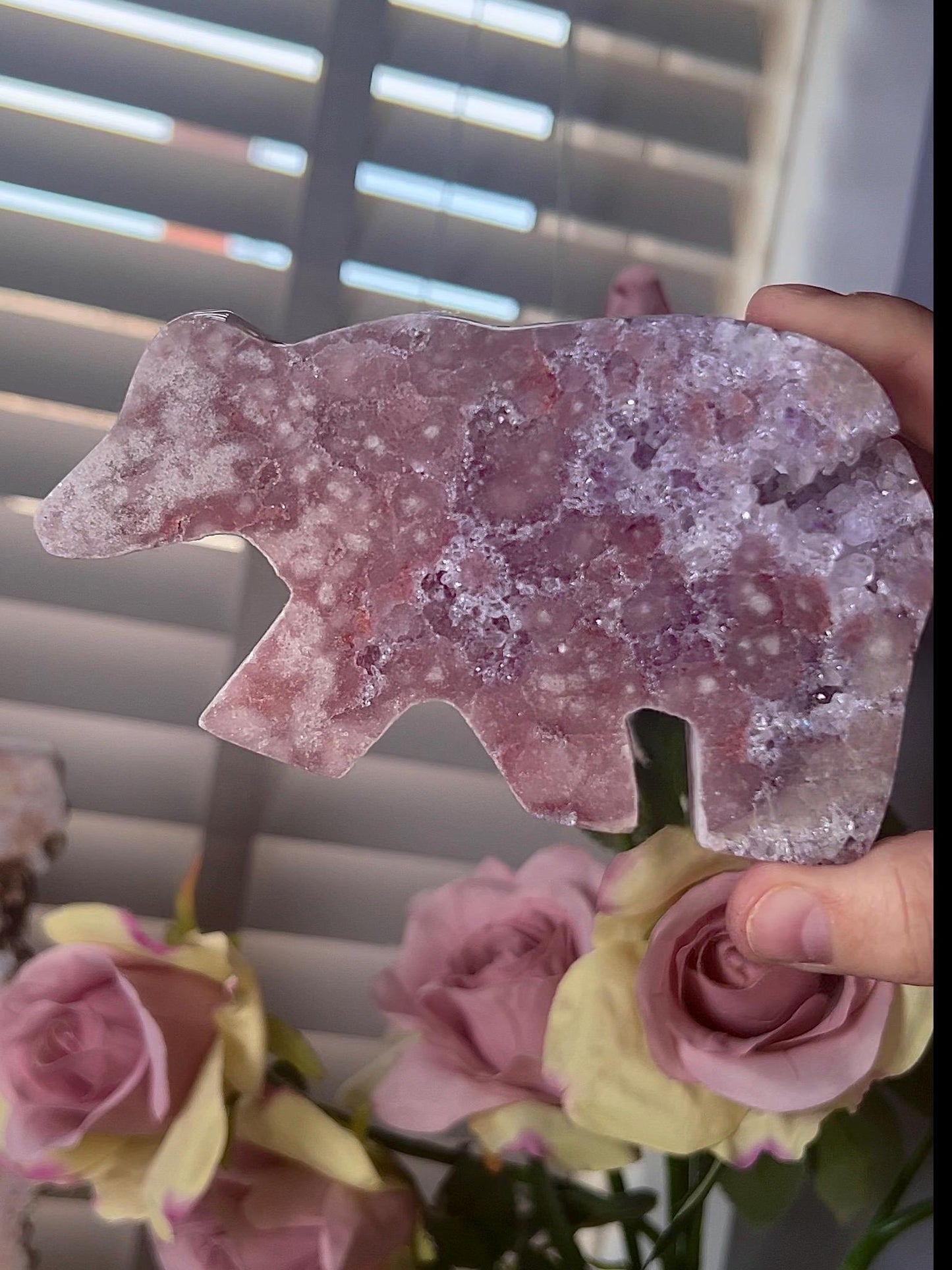 High grade, pink amethyst bear carving with purple quartz druzy
