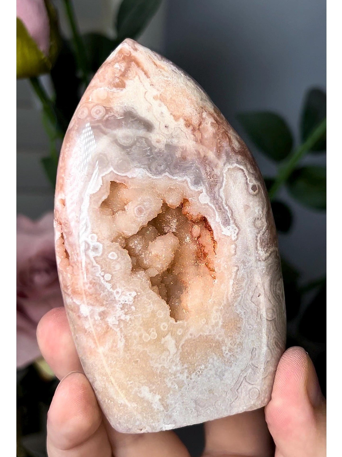 High grade, pink amethyst flame in pastel tones and sugar druzy