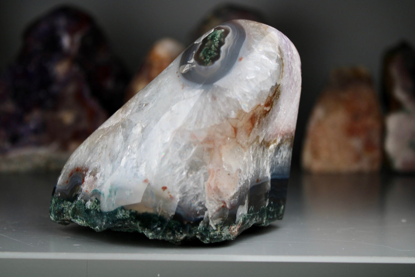 Incredible, berry, pink amethyst, agate, freeform withy quartz that is full of rainbows and moss agate, green jasper