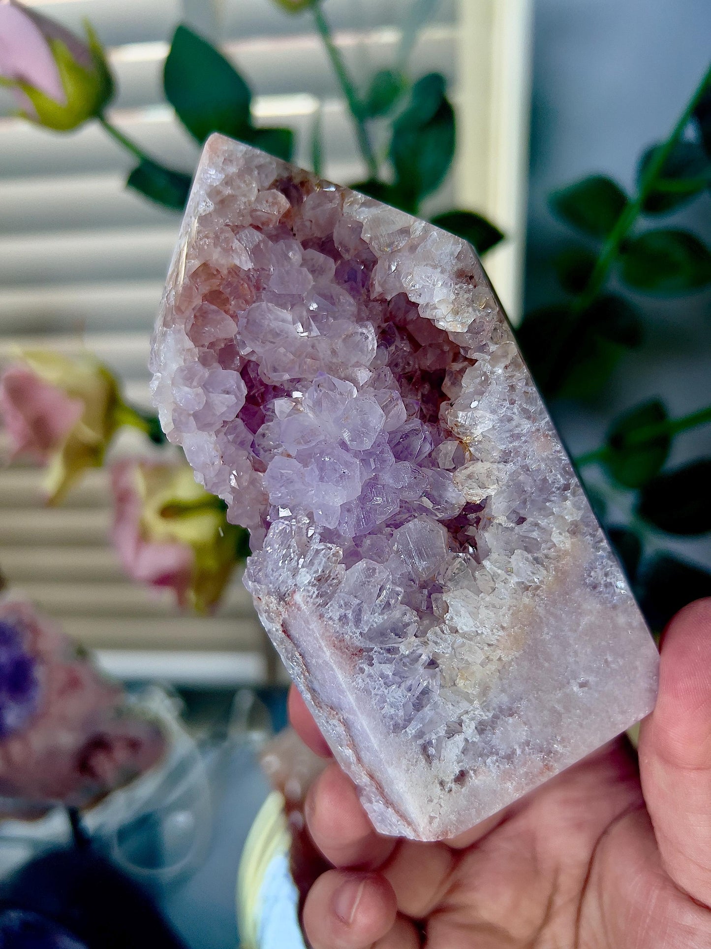 pink amethyst, Chonky with quartz druzy tower 640g
