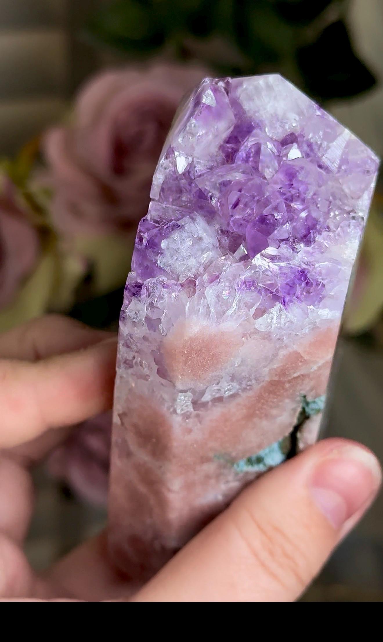 Incredible, High grade, pink amethyst tower with purple quartz, green jasper 434g