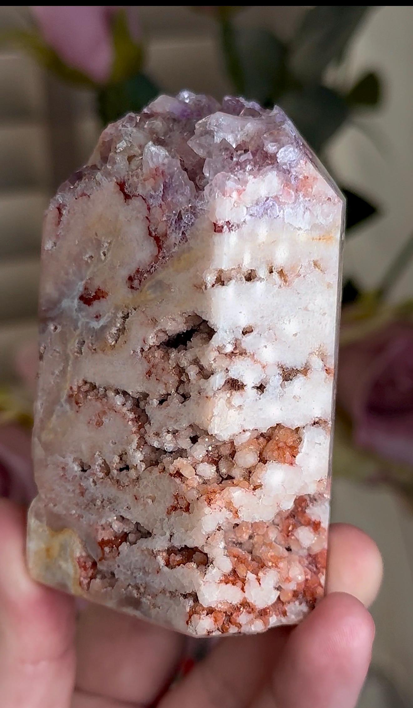 Incredible, High grade, pink amethyst, tower with incredible bubble formations in pink, red, lemon & purple tones 294g 9cm
