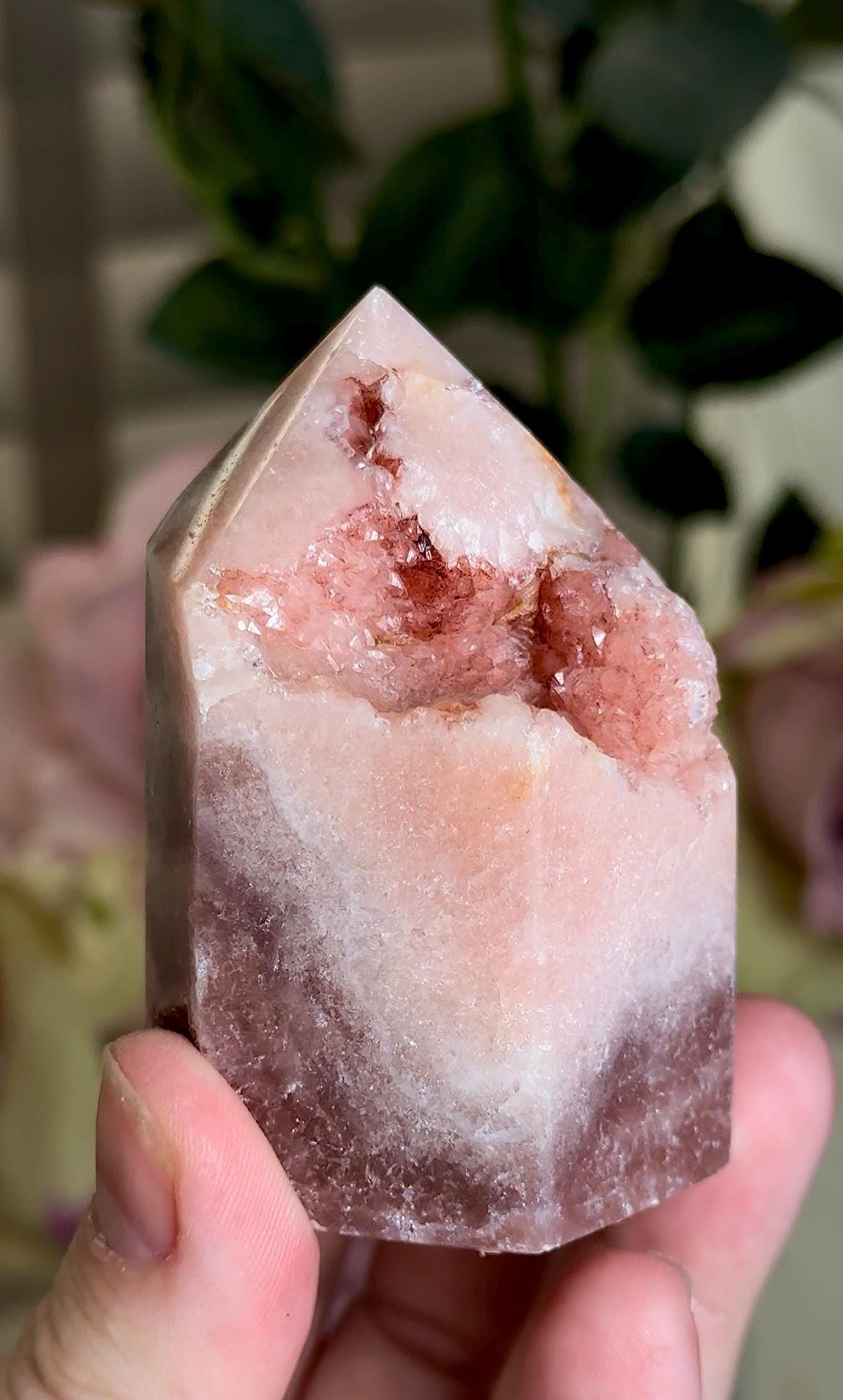Incredible, High grade, pink amethyst, chonky tower with incredible bubble formation in pink & red tones 153g 7cm