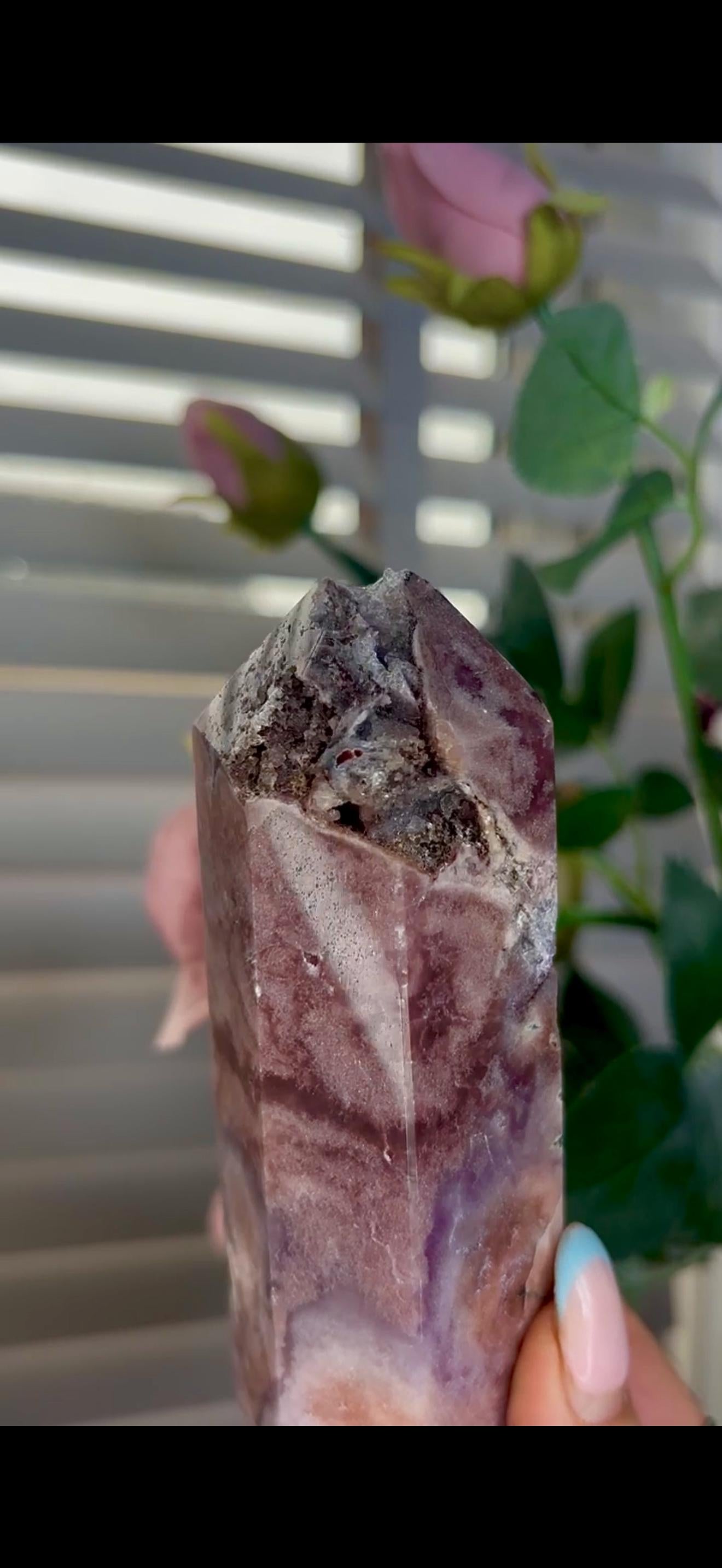 Incredible, tall pink amethyst tower with purple quartz & jasper 358g 12cm by 4.5cm