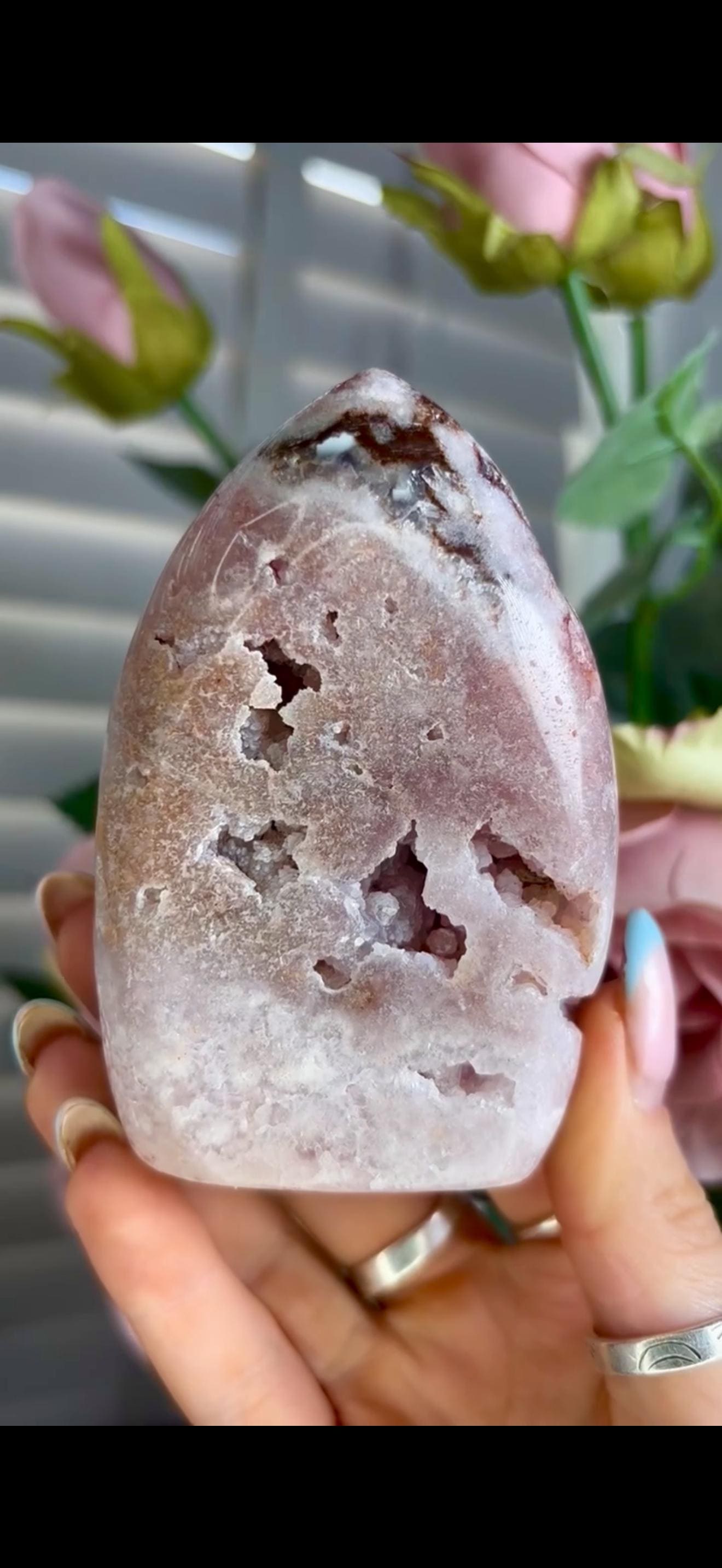 Gorgeous, high grade, baby pink amethyst flame with druzy, Jasper & hematite inclusions 279g