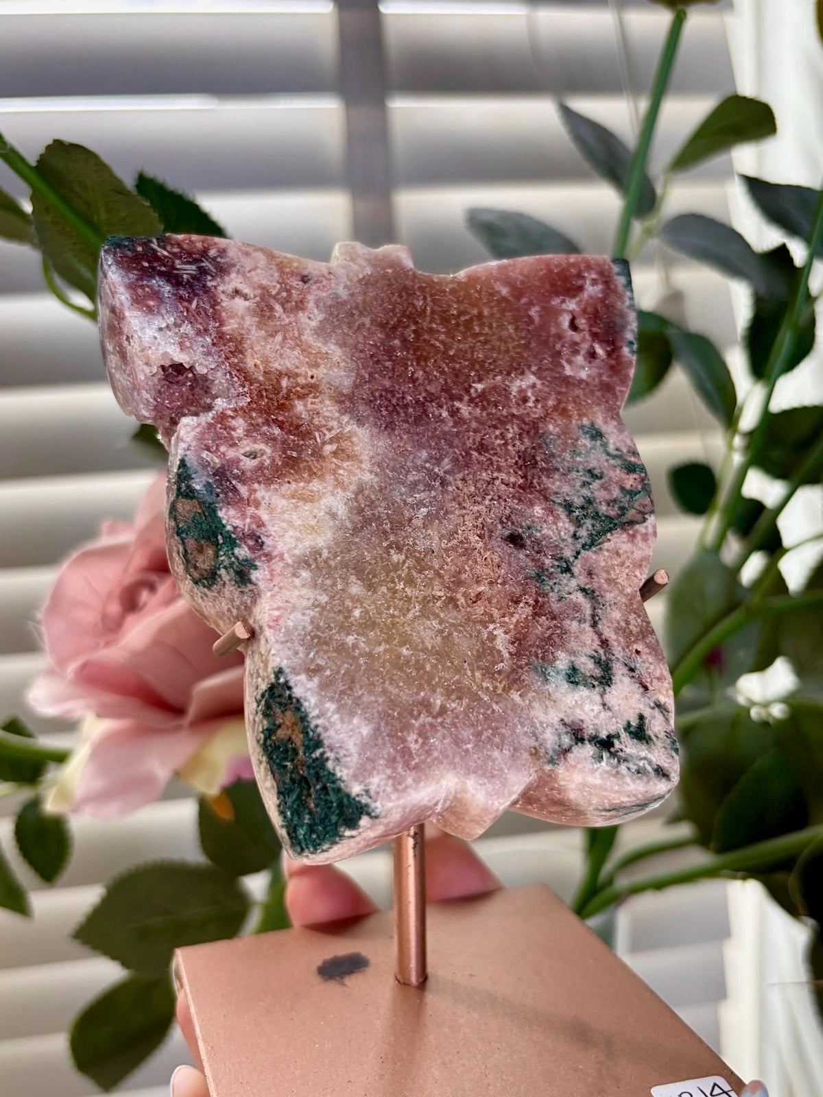 Pink amethyst butterfly on stand with jasper 395g