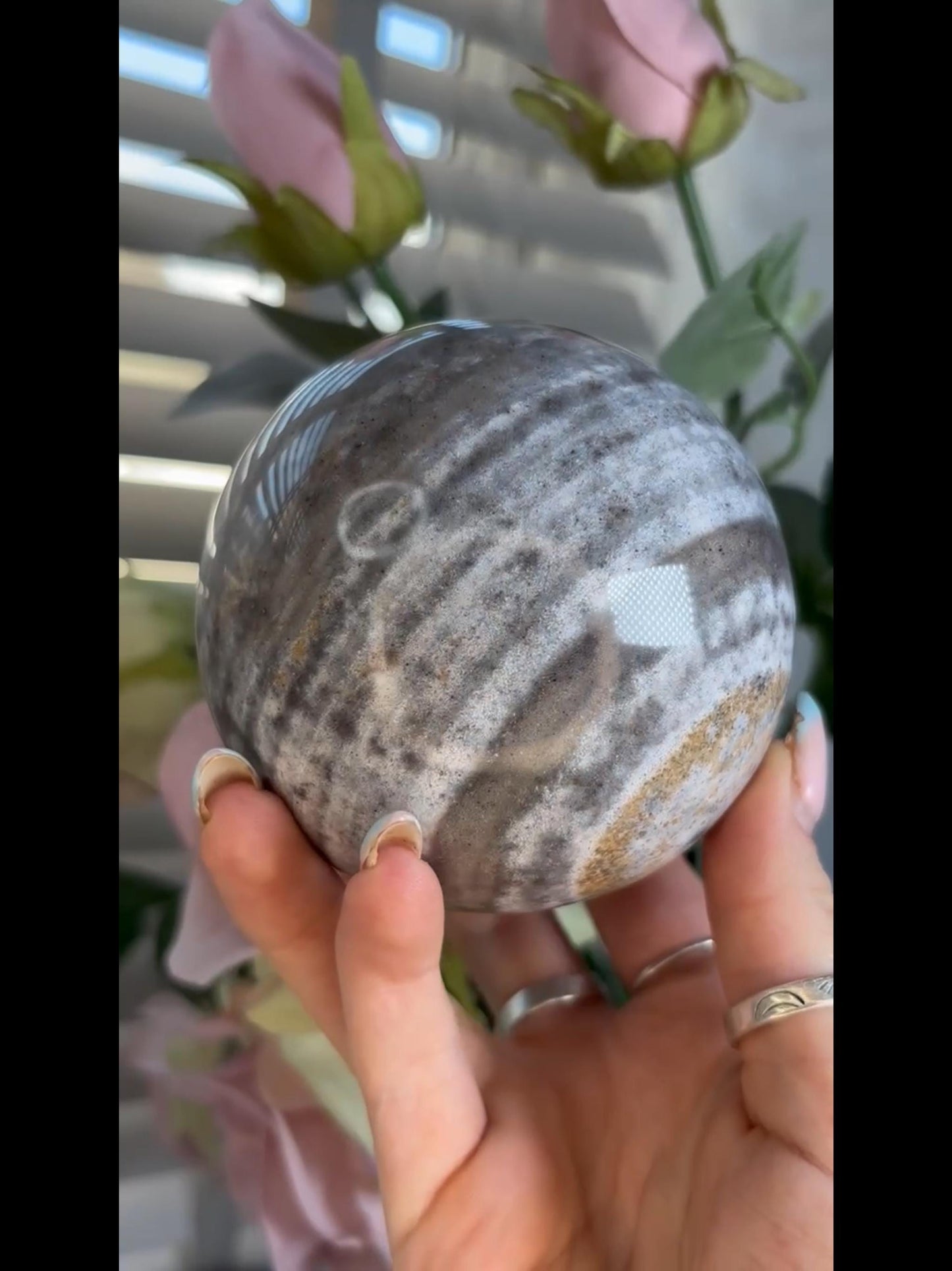 Pastel ocean jasper sphere in blue & grey tones with banding