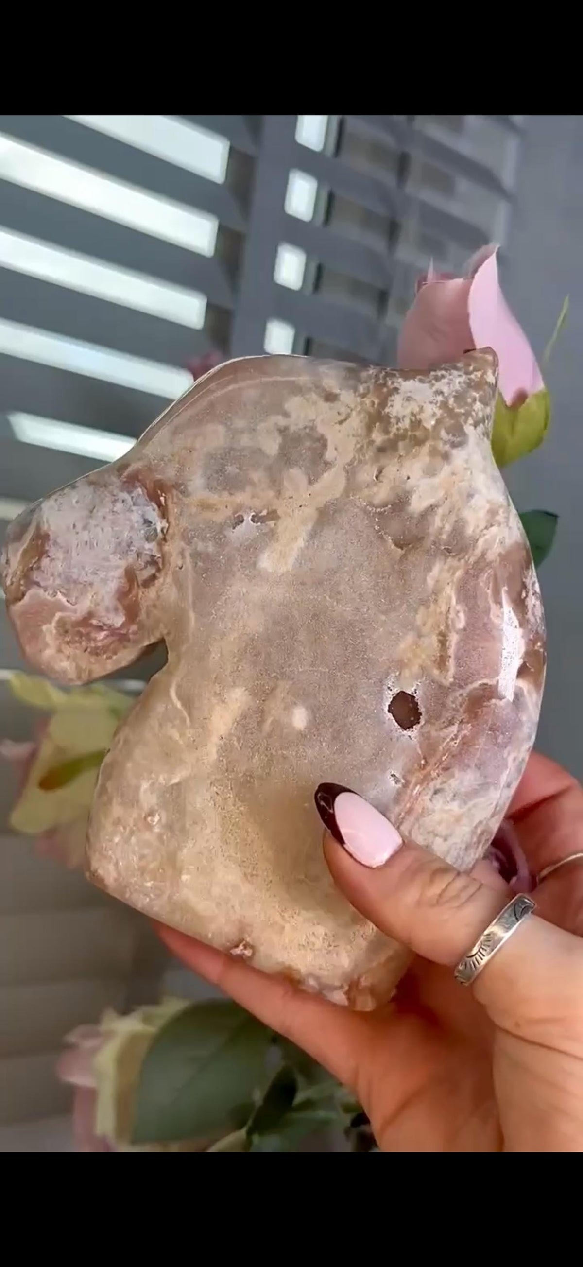 High grade, golden pink amethyst horse, pony carving with sugar druzy 820g