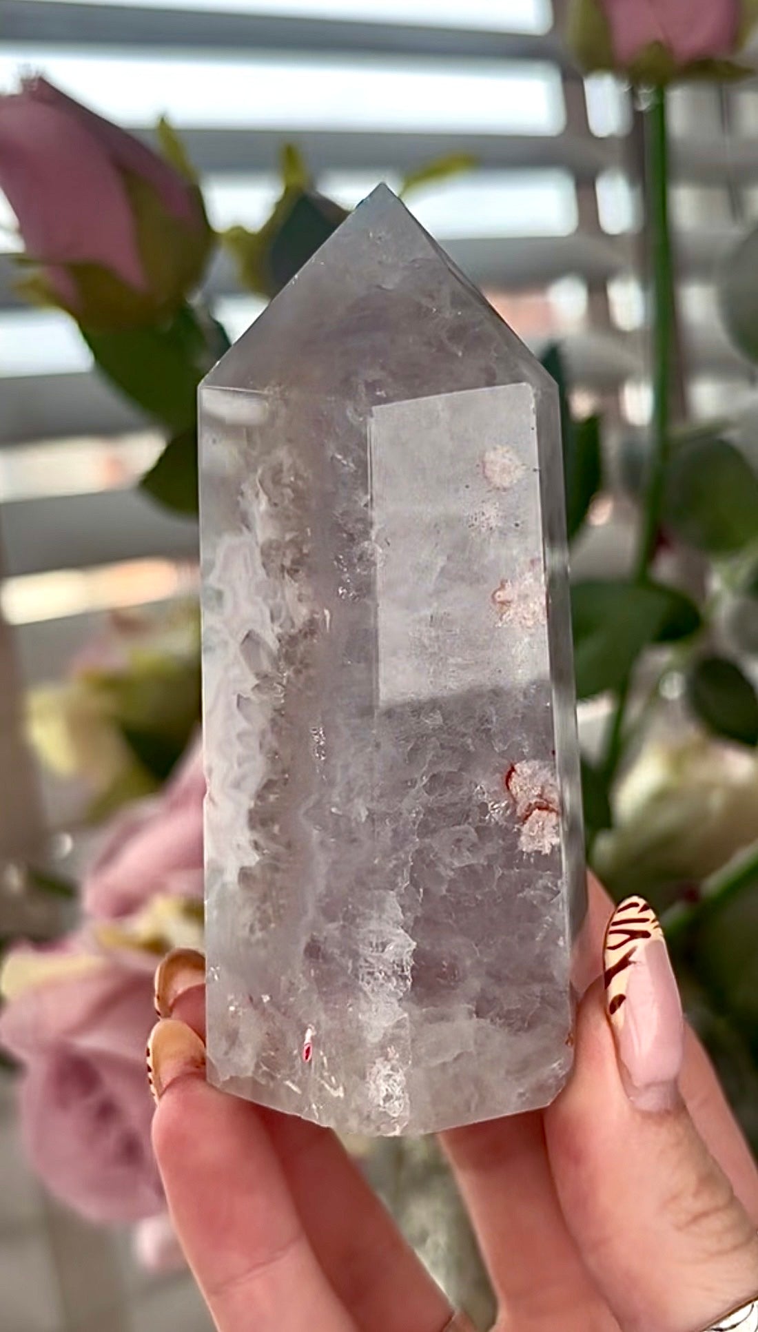 Stunning!! Super high quality, Druzy, green chlorite x blue flower agate tower