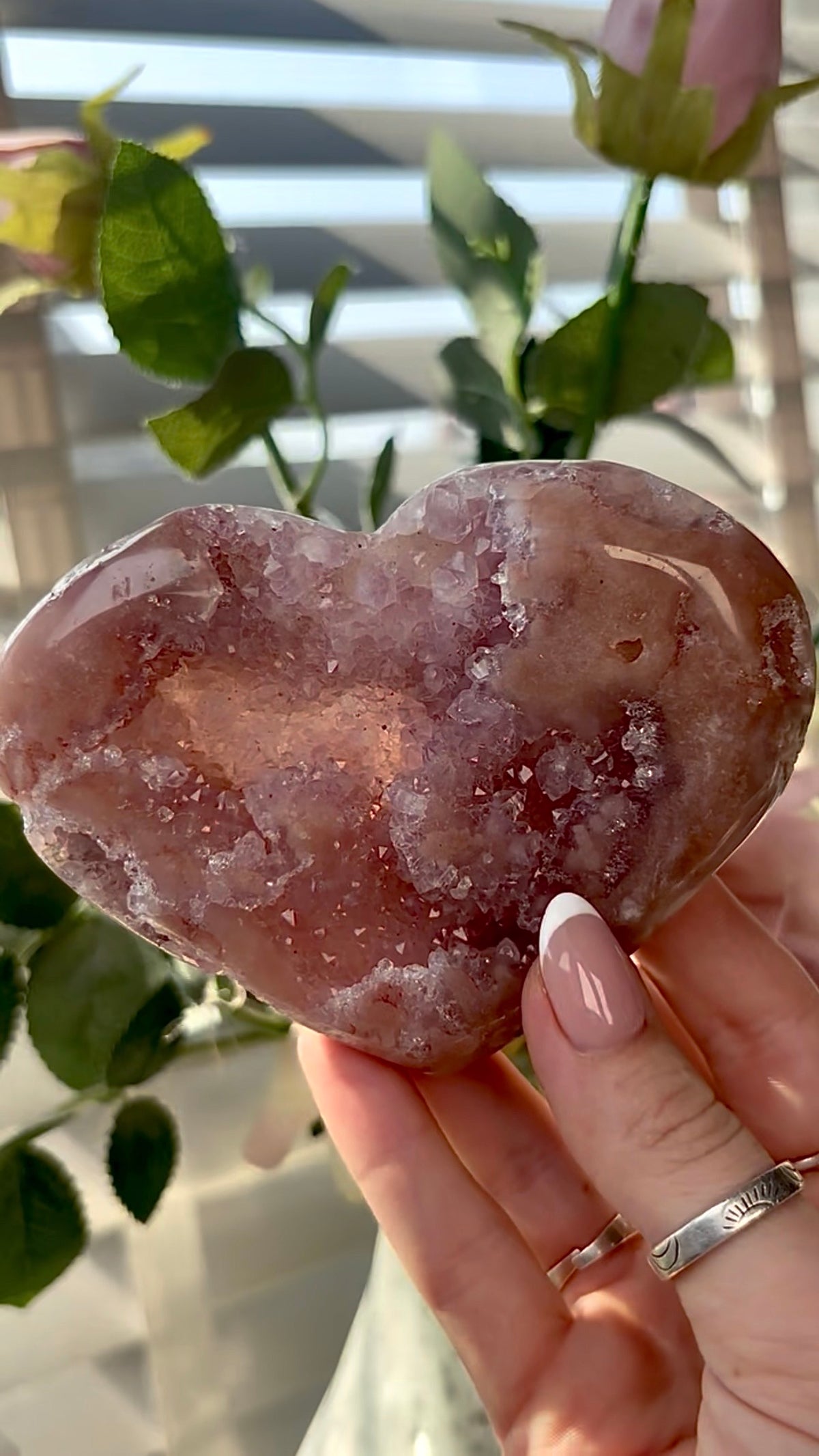 Gorgeous, hq, druzy pink amethyst heart- comes with stand