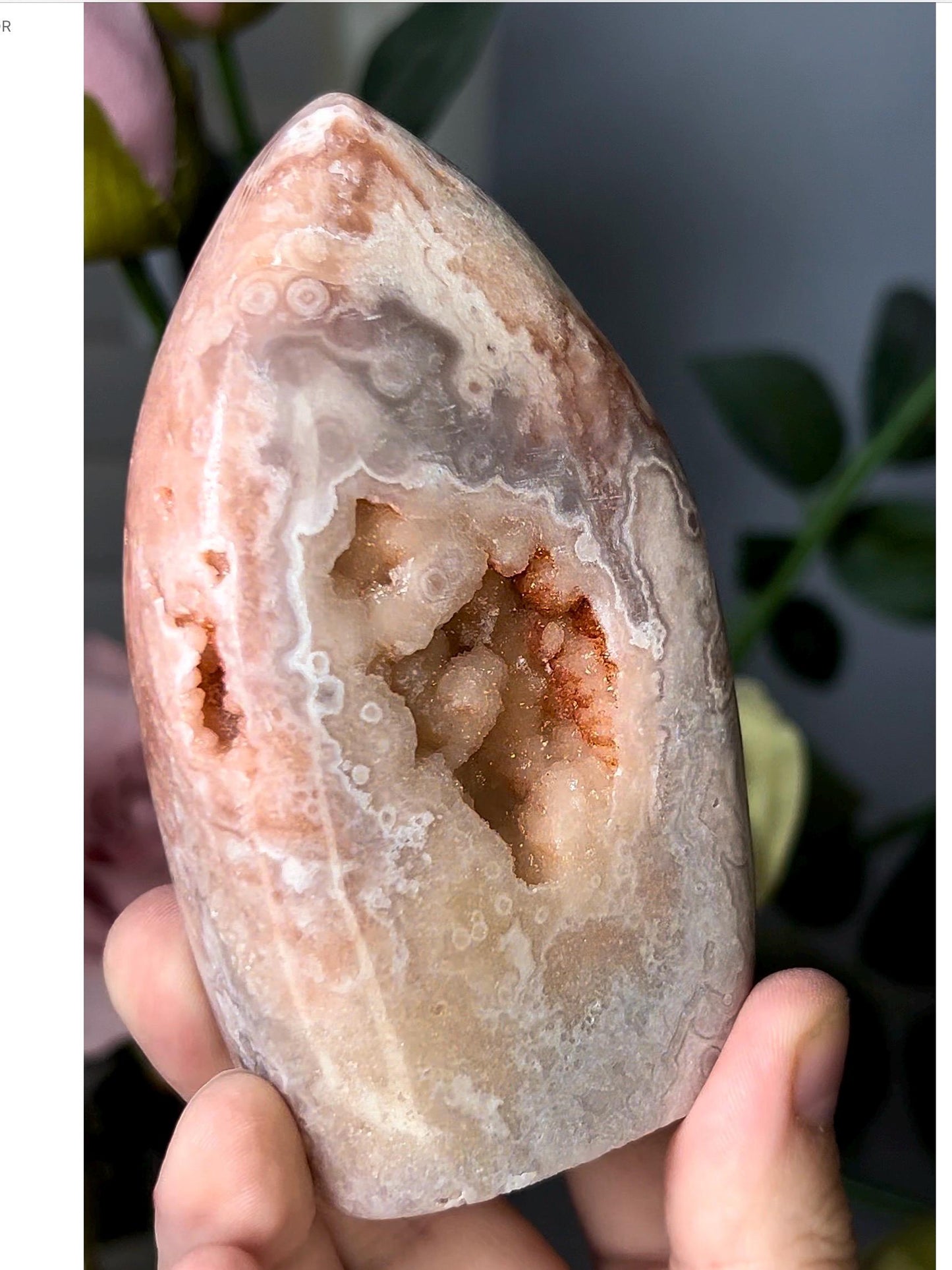 High grade, pink amethyst flame in pastel tones and sugar druzy