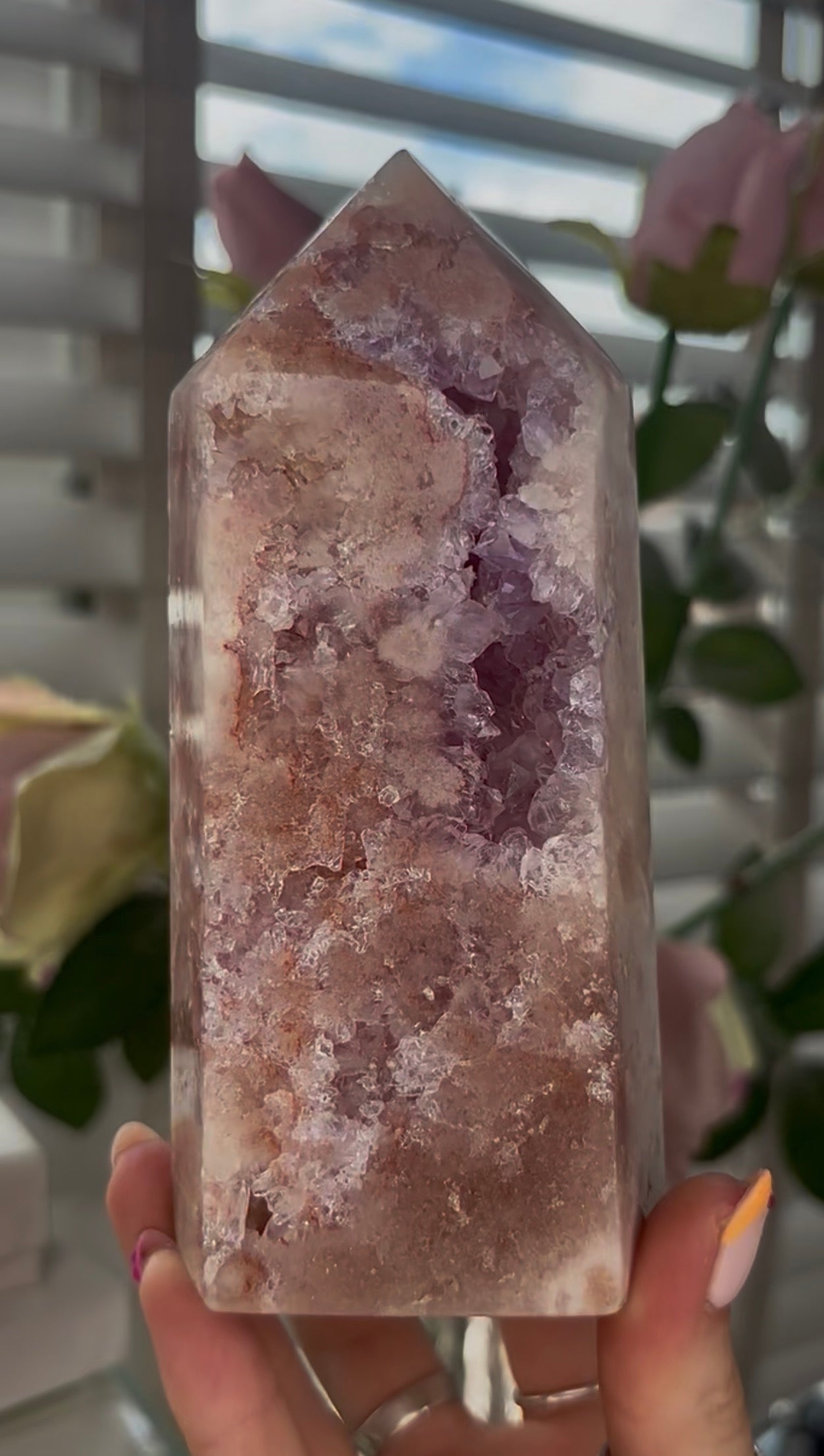 Beautiful Large, Pink amethyst tower with quartz druzy