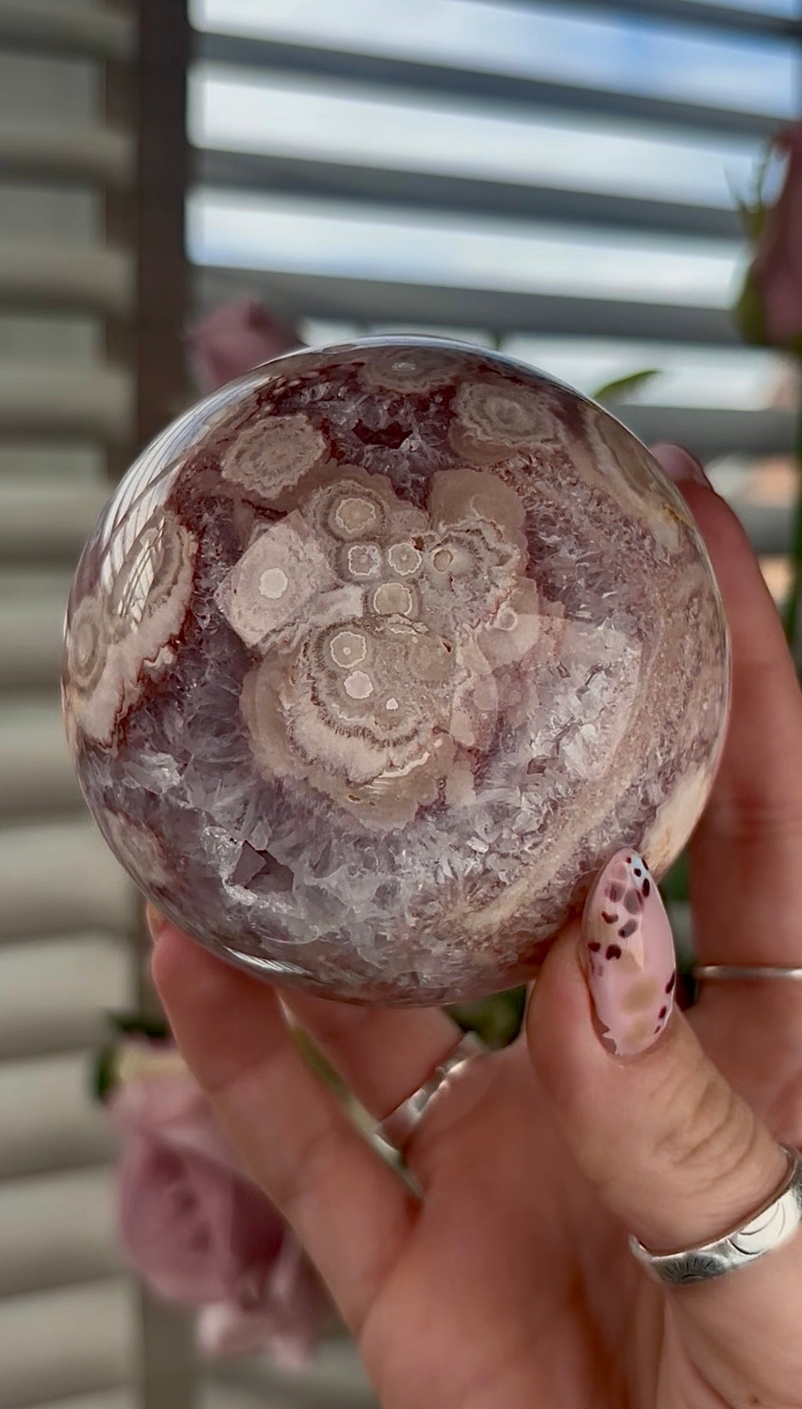 High grade, amethyst Flower agate sphere with high clarity quartz 8cm