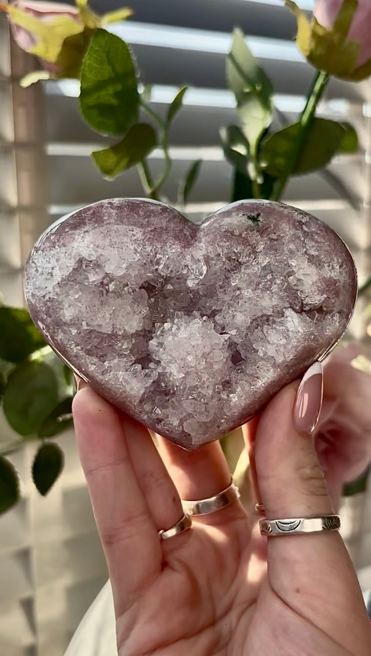 Gorgeous,  pink amethyst heart- comes with stand