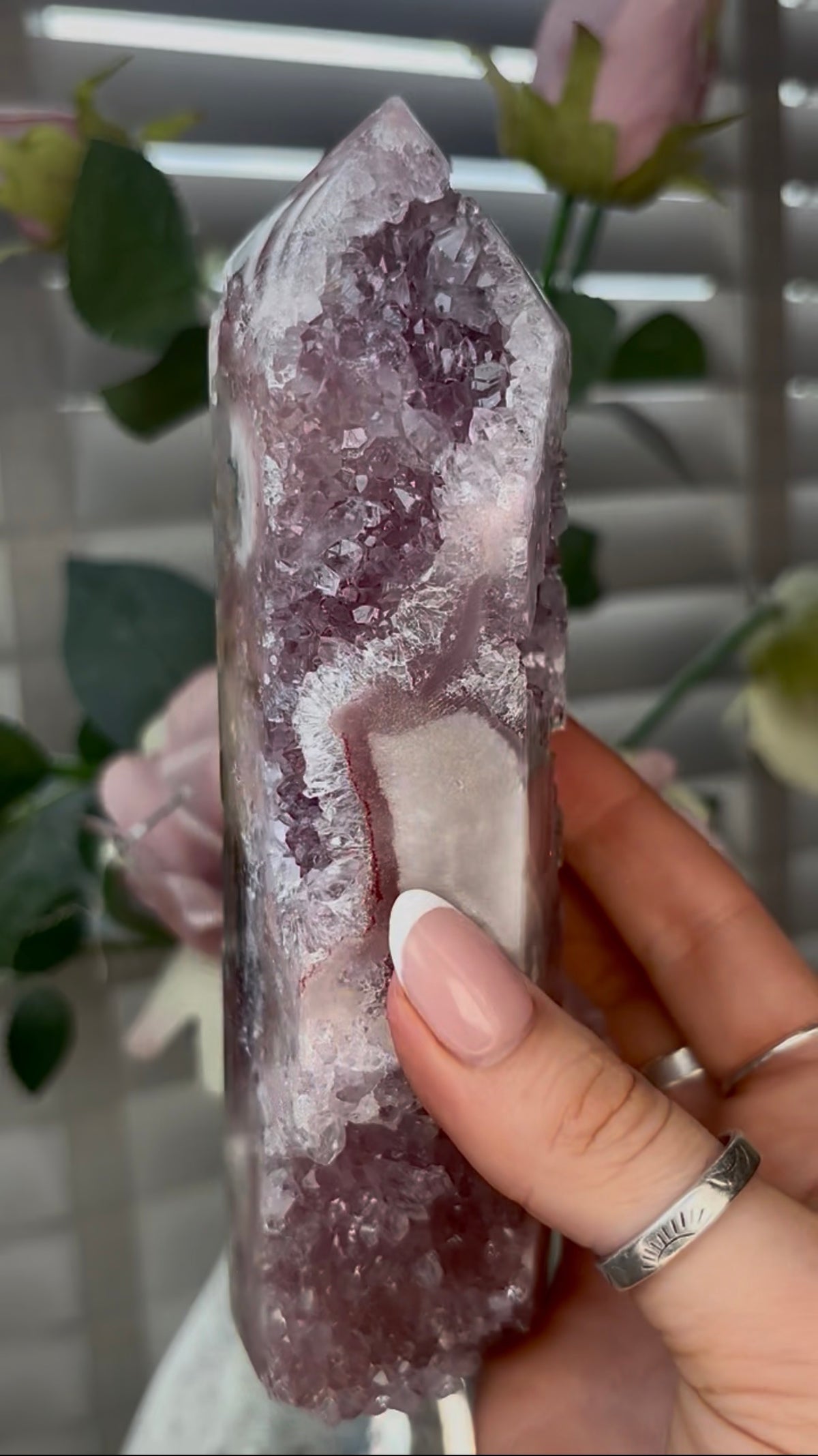 Beautiful, high quality, Pink amethyst tower with lilac quartz 18cm(h) by 4.5cm(w)