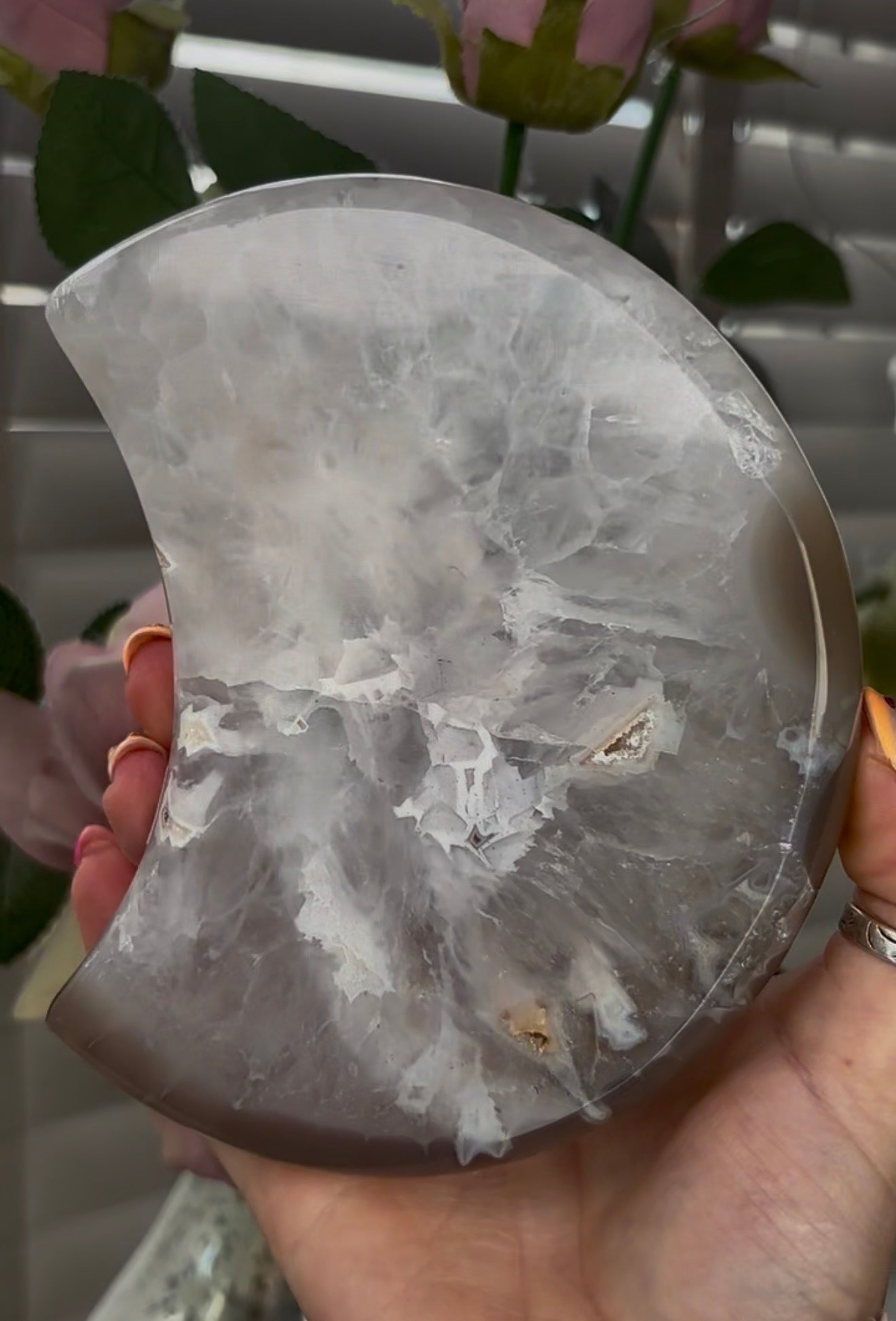 Beautiful, high grade, agate moon with druzy portal - stand included