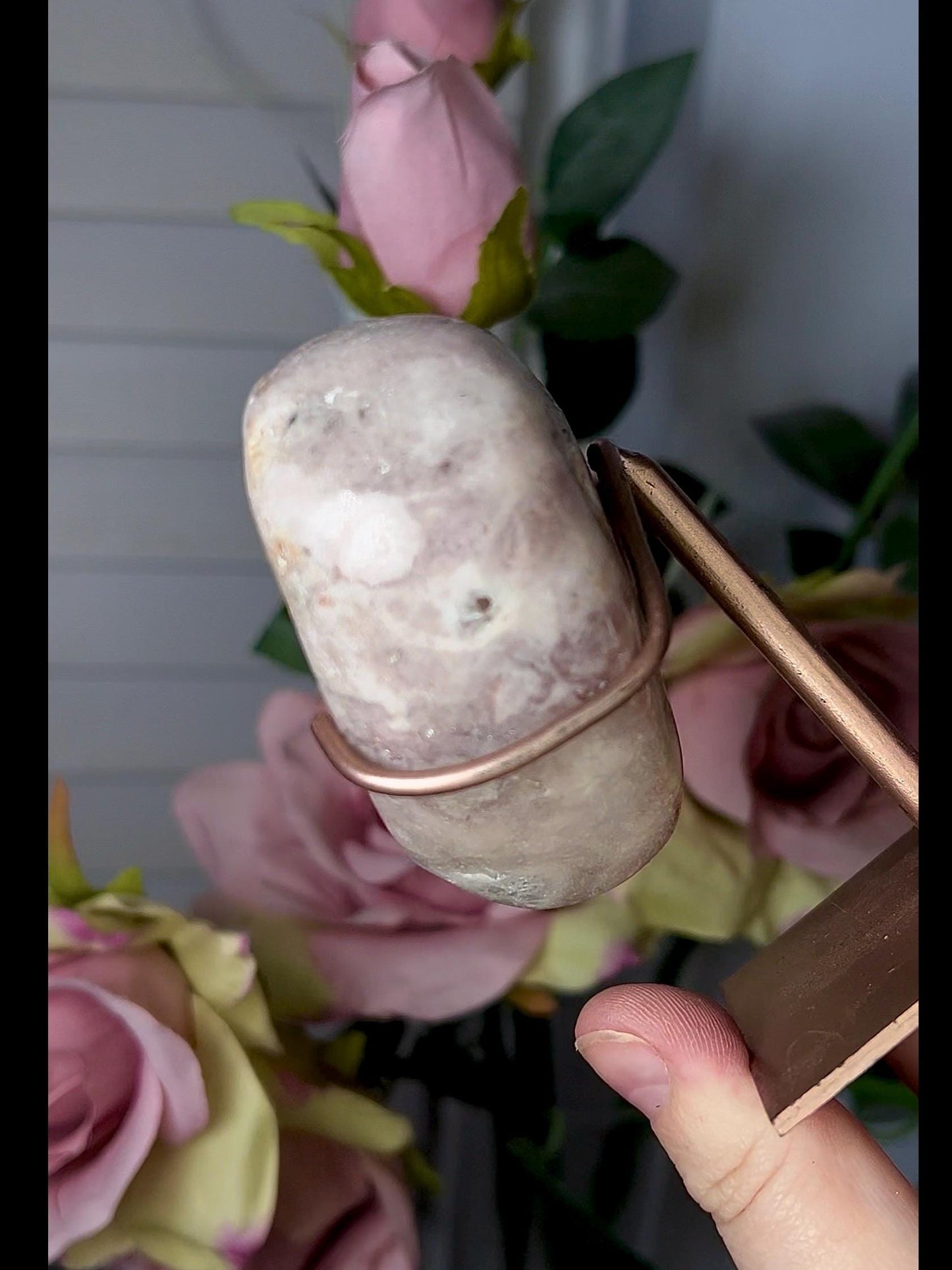 Beautiful, pink amethyst heart in peach tones with stand