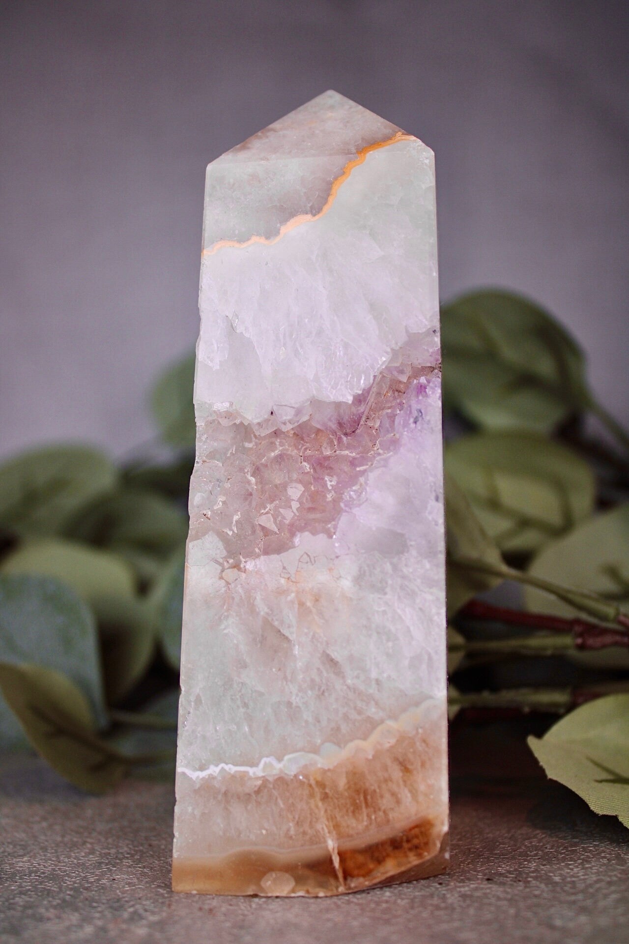 Pink amethyst agate, 4 sided tower with lavender Druze