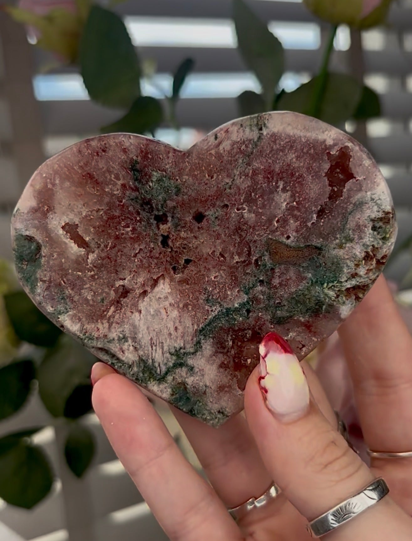 Beautiful pink amethyst heart with green Jasper  - comes with stand (9.5cm)