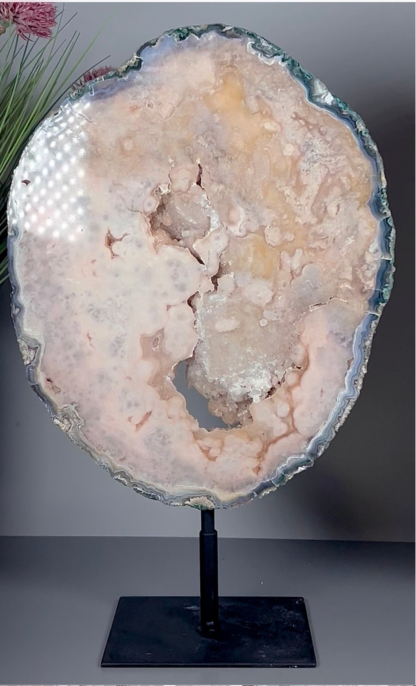 High grade, round pink amethyst slab with green jasper edging & rare cubic calcite inclusions