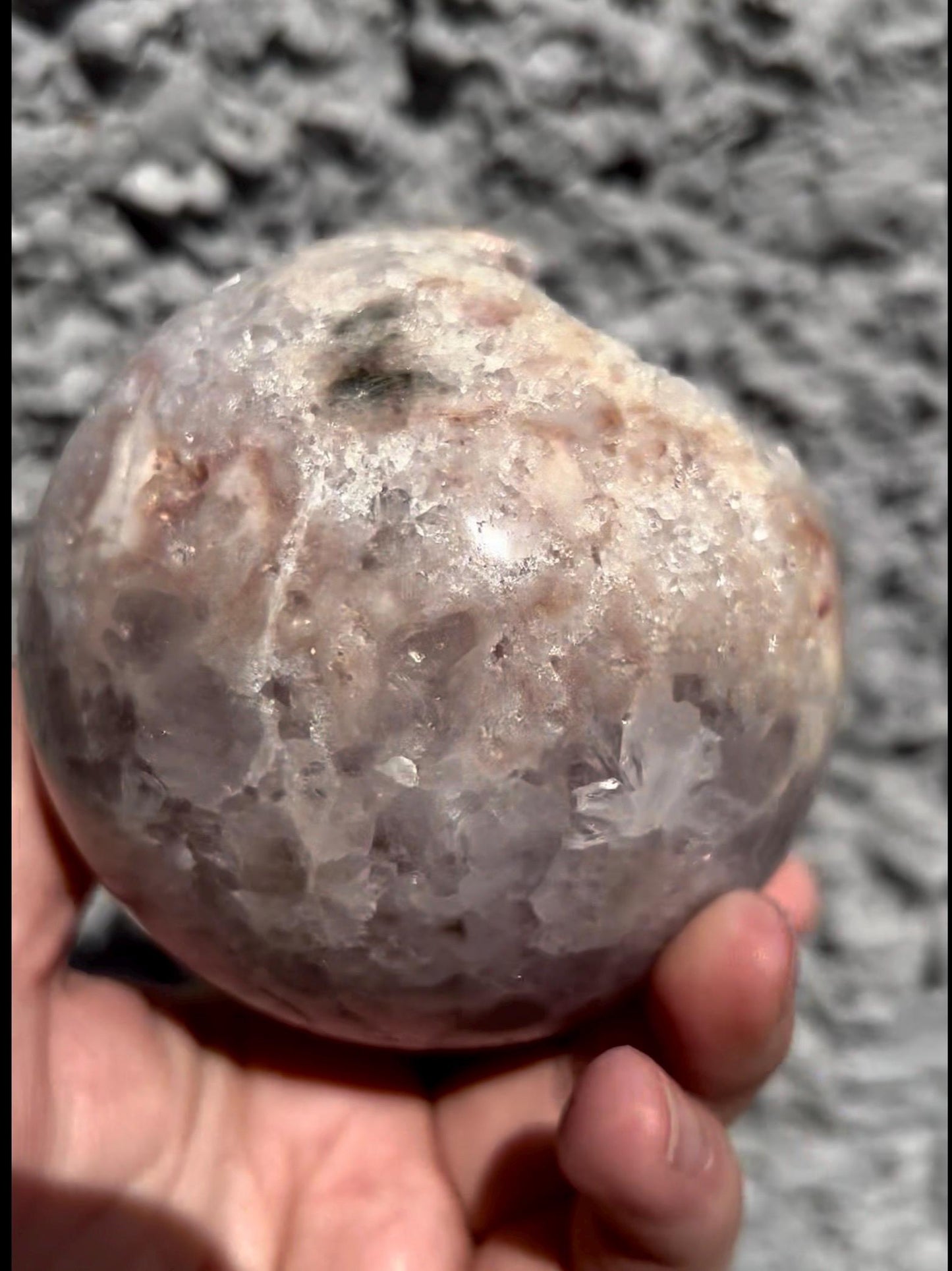 large, statement pink amethyst sphere with purple quartz ,jasper & sugar druzy with amazing quartz points