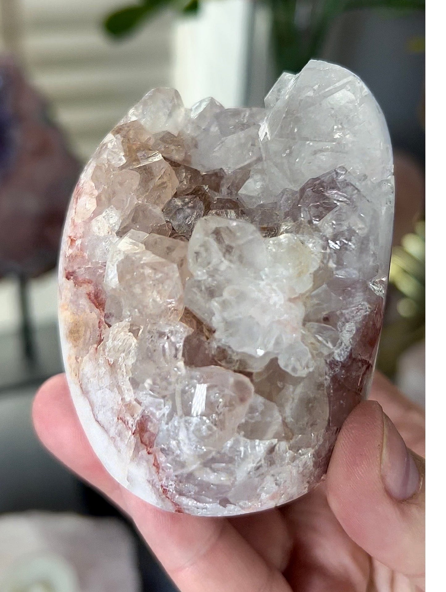 pink amethyst freeform, with hematite banding, and chunky quartz teeth