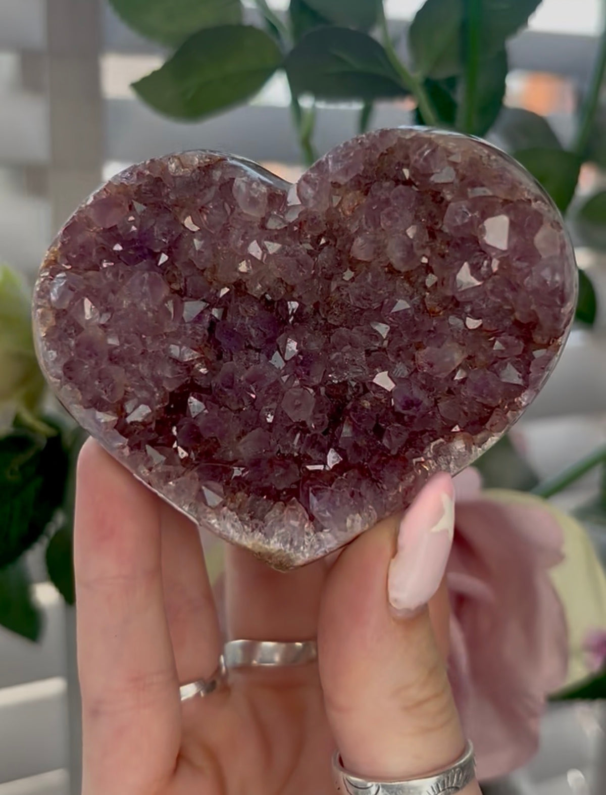 Uruguay, rainbow amethyst heart - comes with stand in purple tones