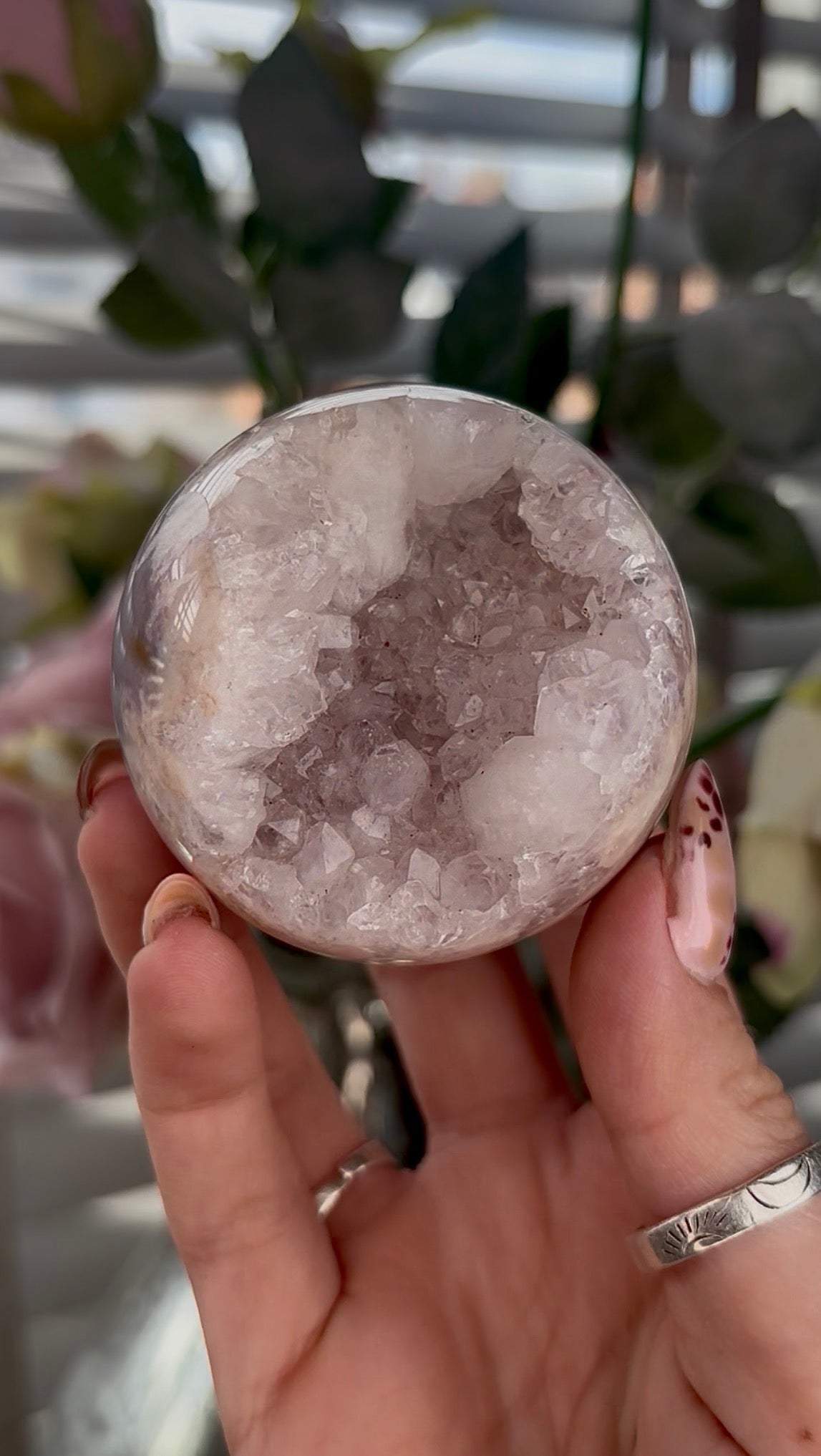 High grade, Pink amethyst Flower agate sphere with druzy quartz- 6cm