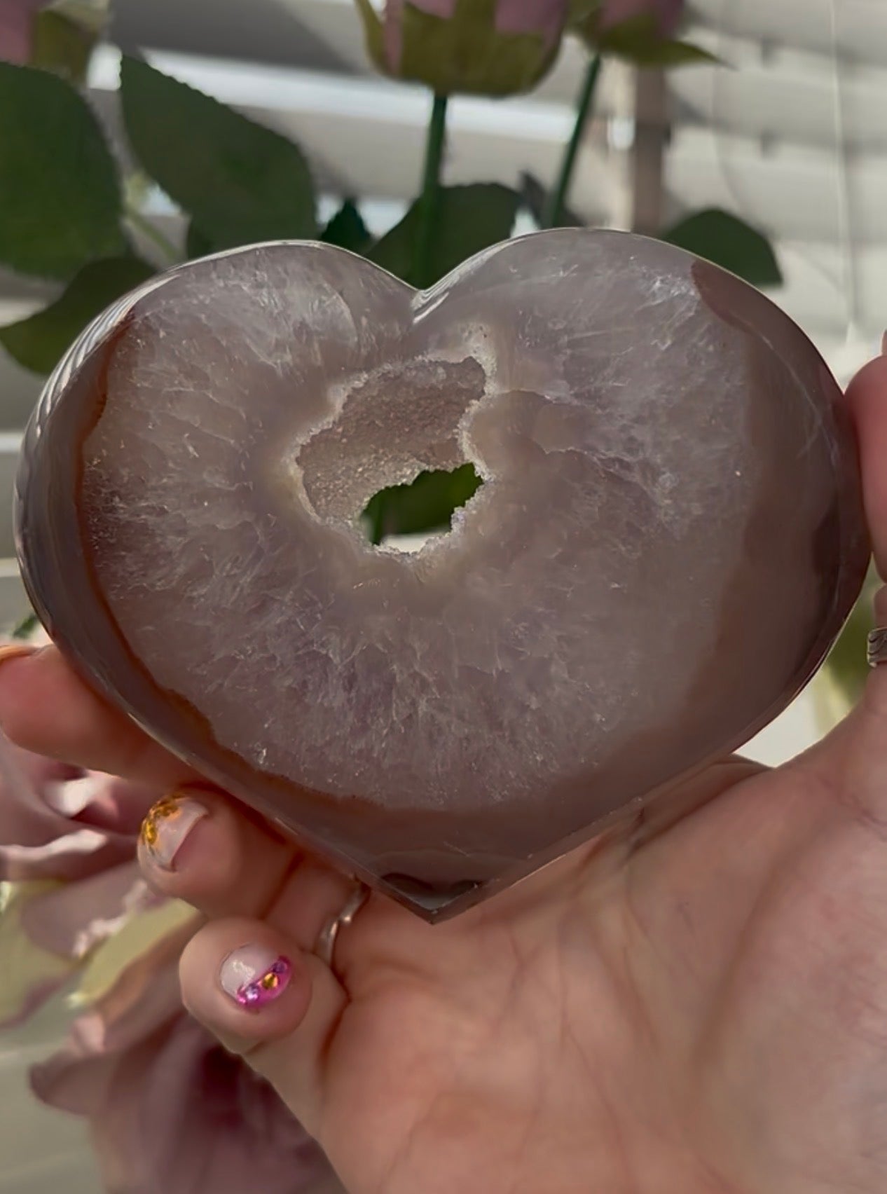 Beautiful, high quality, agate heart   with druzy - stand included