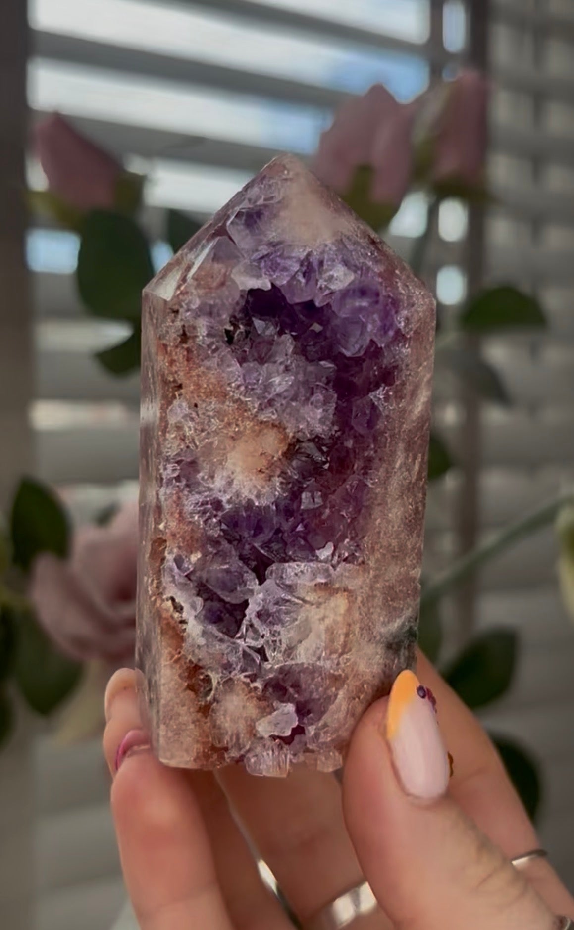Beautiful, high quality, Pink amethyst tower with purple quartz