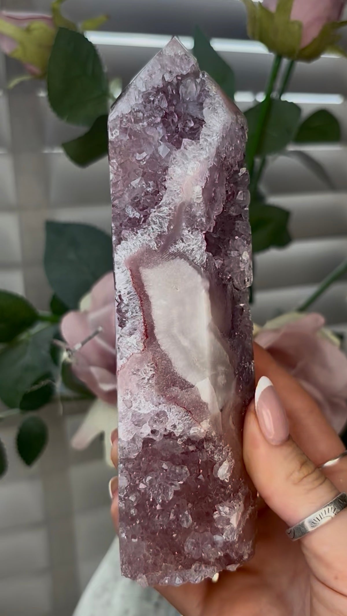 Beautiful, high quality, Pink amethyst tower with lilac quartz 18cm(h) by 4.5cm(w)