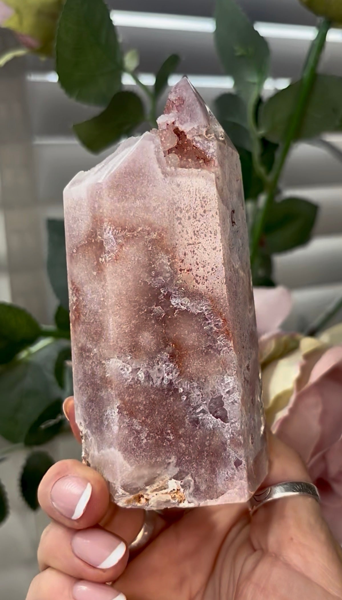 Beautiful, hq, druzy, Pink amethyst tower 11.7cm(h) by 5.4cm(w)