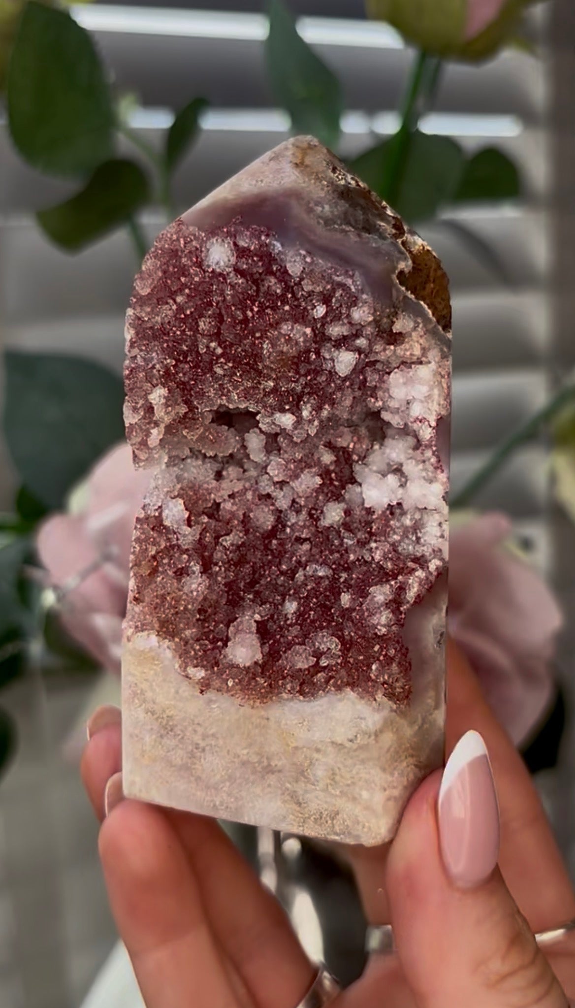 Beautiful, hq, druzy, Pink amethyst tower 10cm(h) by 5cm(w)