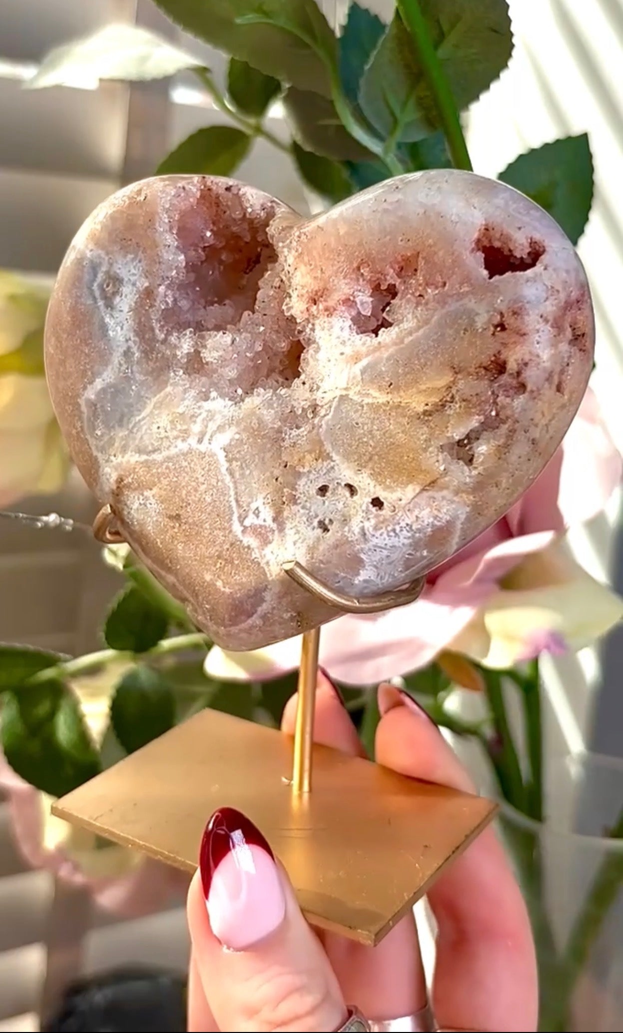 pink amethyst heart - comes with stand