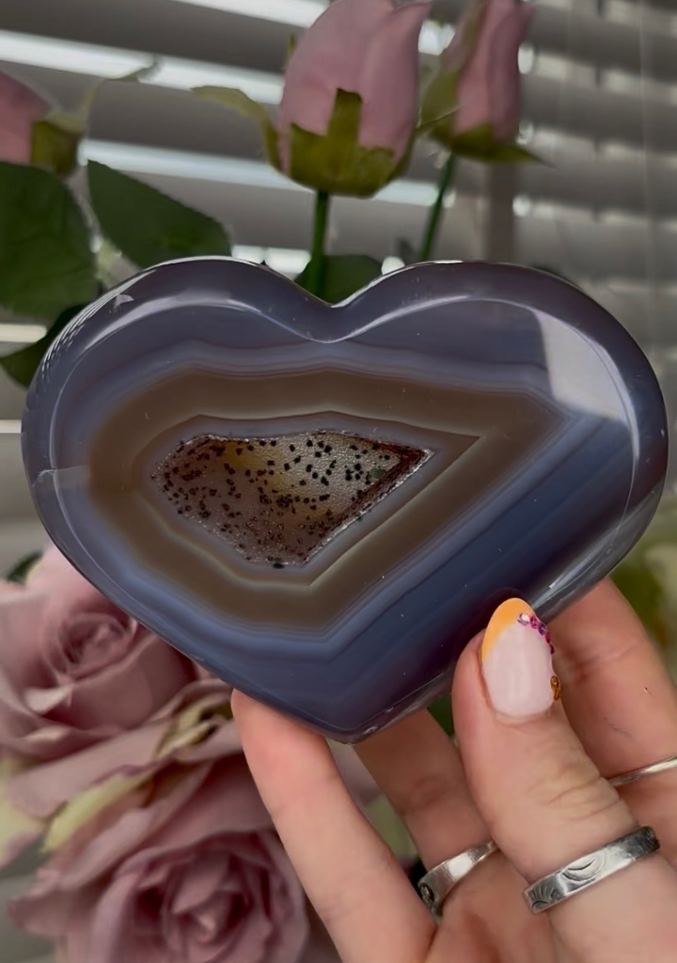 Beautiful, high grade, blue agate heart with druzy - comes with stand
