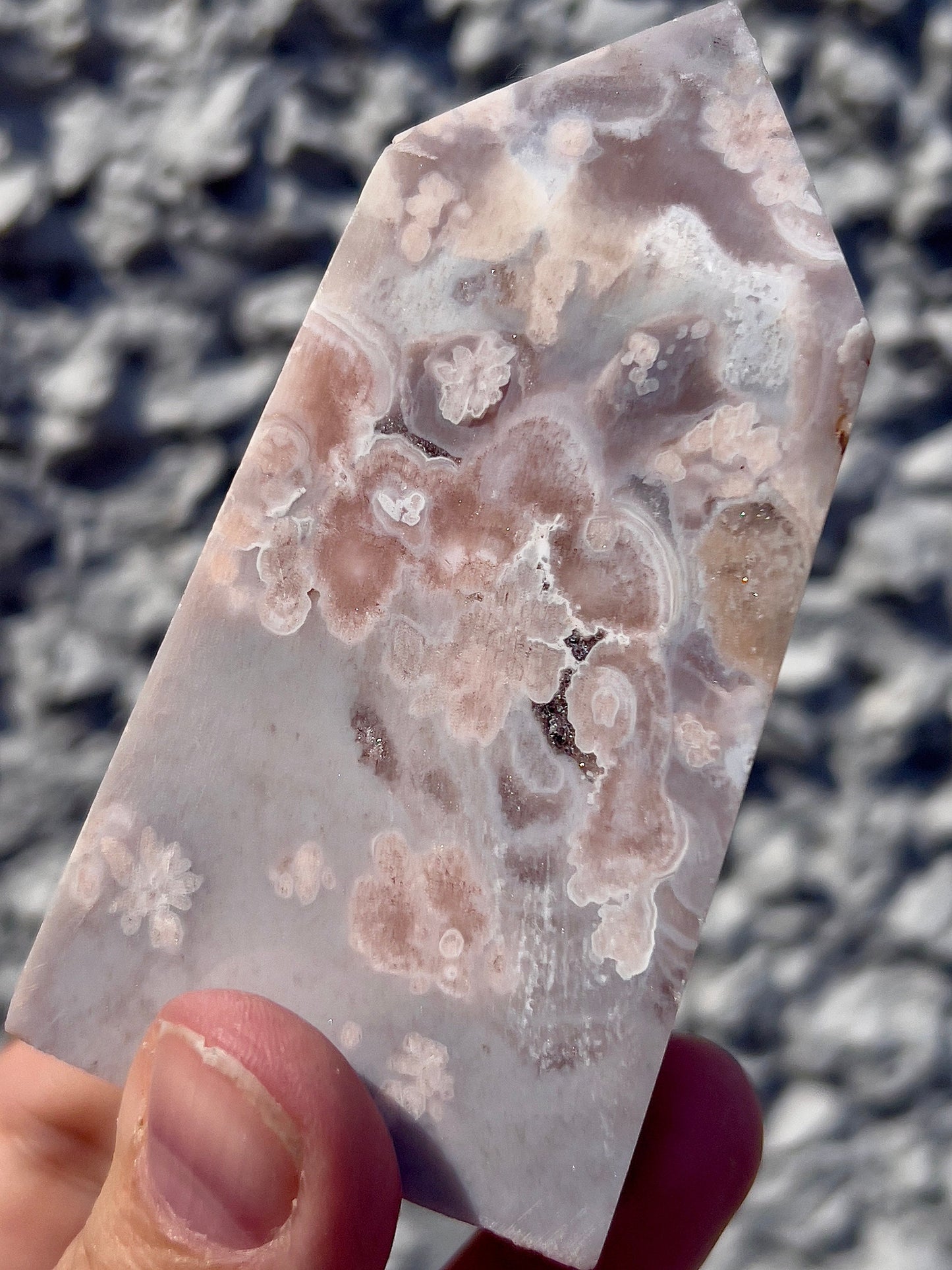 High quality, Baby pink & blue flower agate tower