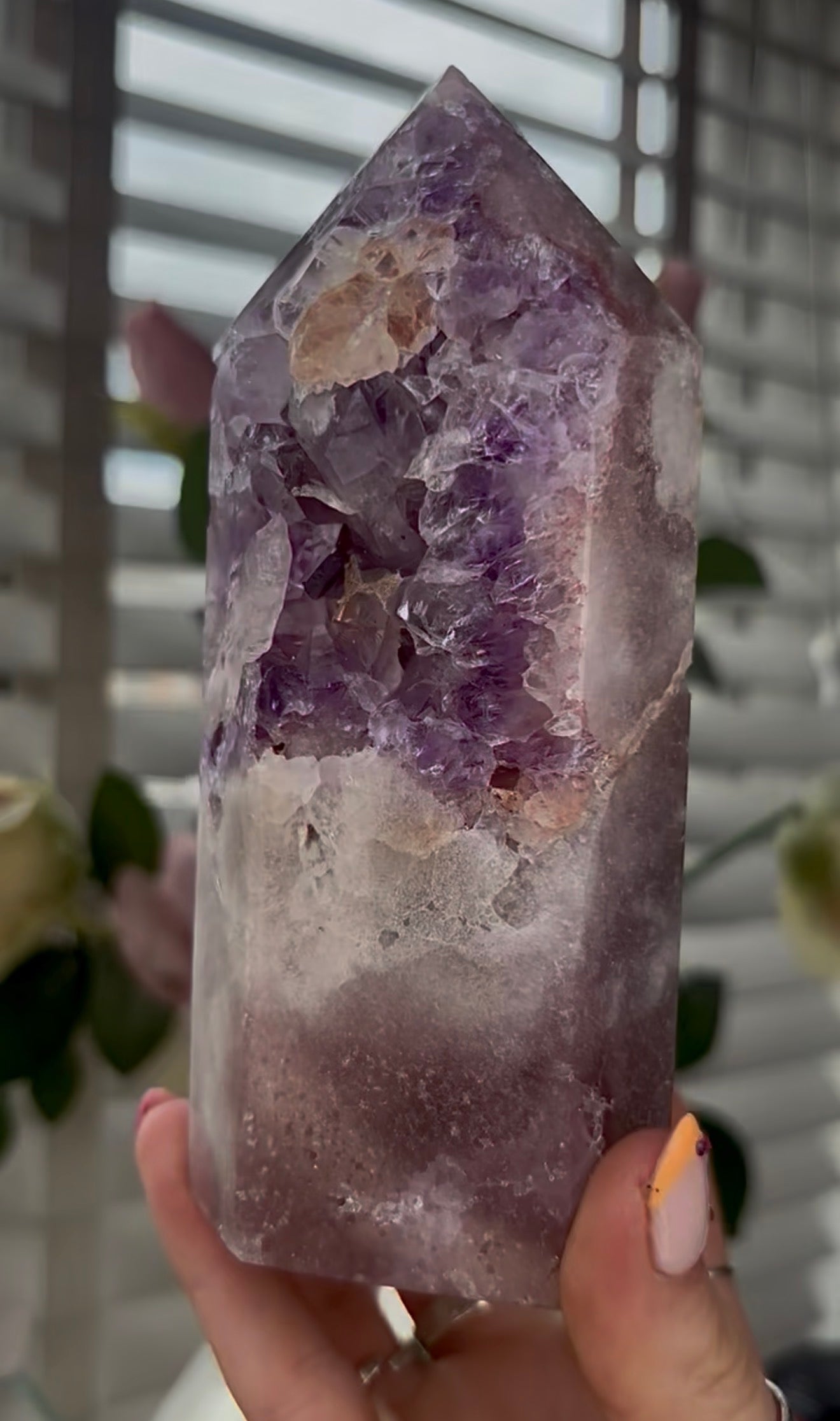 High quality, Pink amethyst tower, with purple quartz druzy