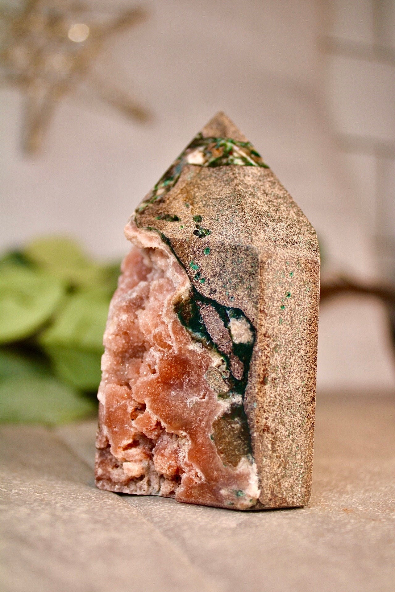 High grade Pink amethyst tower with peach toned sugar druzy - 500g 10cm high