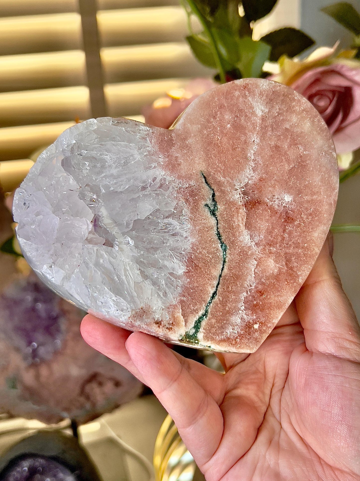 High quality, peach toned, pink amethyst heart with incredible quartz full of rainbows & green jasper vein, on gold stand 766g