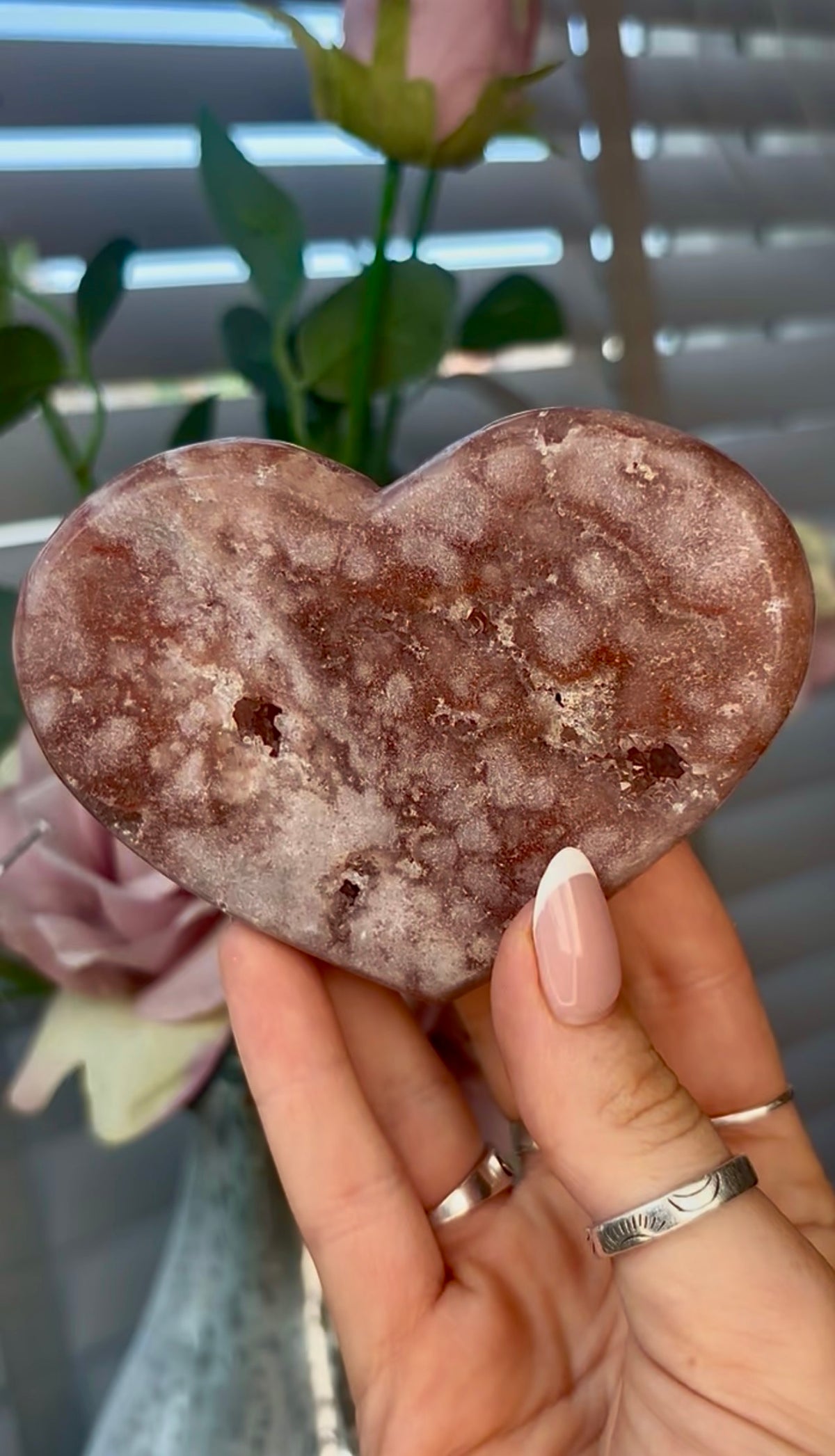 Gorgeous, pink amethyst heart- comes with stand