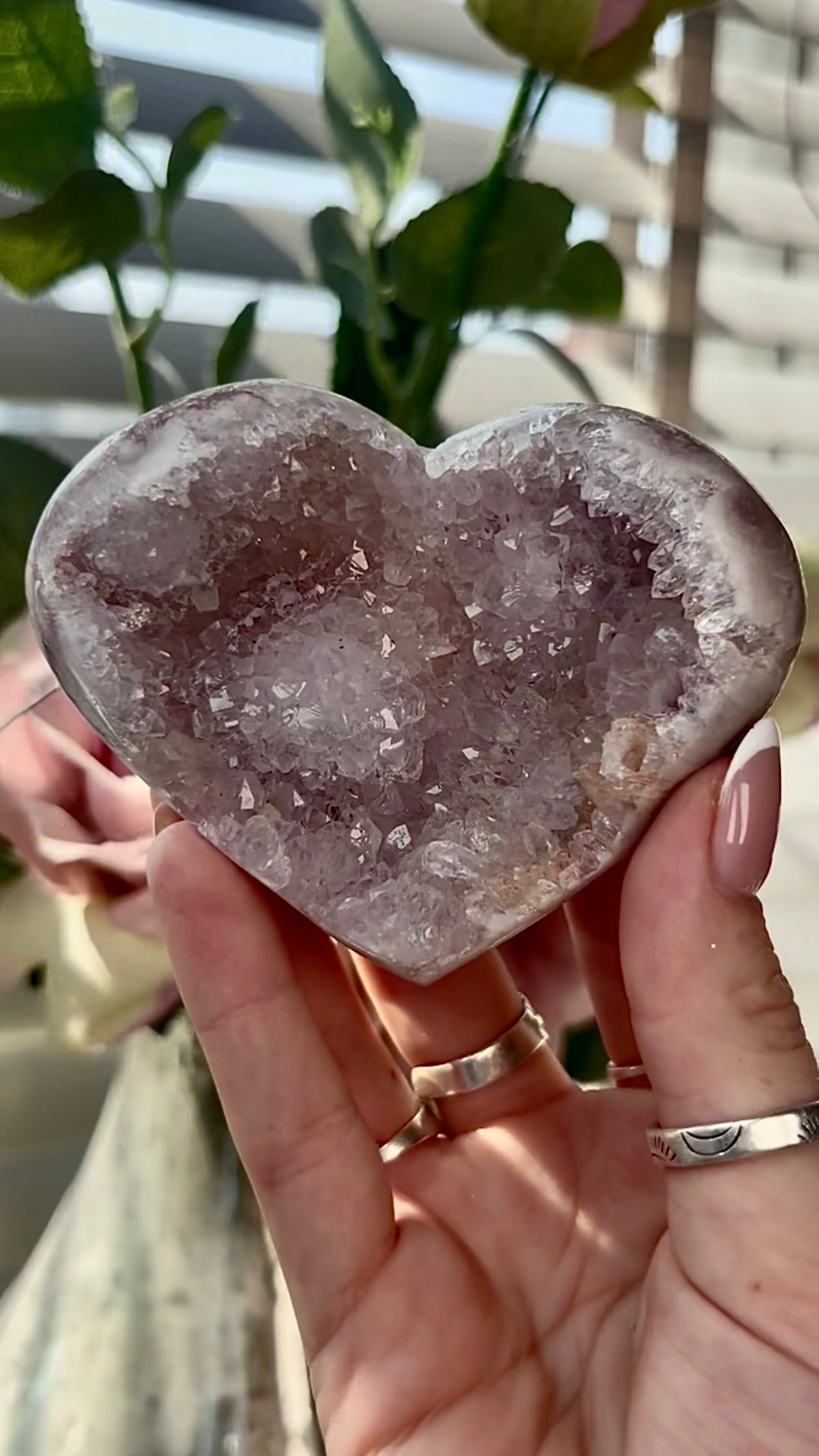 Gorgeous, pink amethyst heart- comes with stand